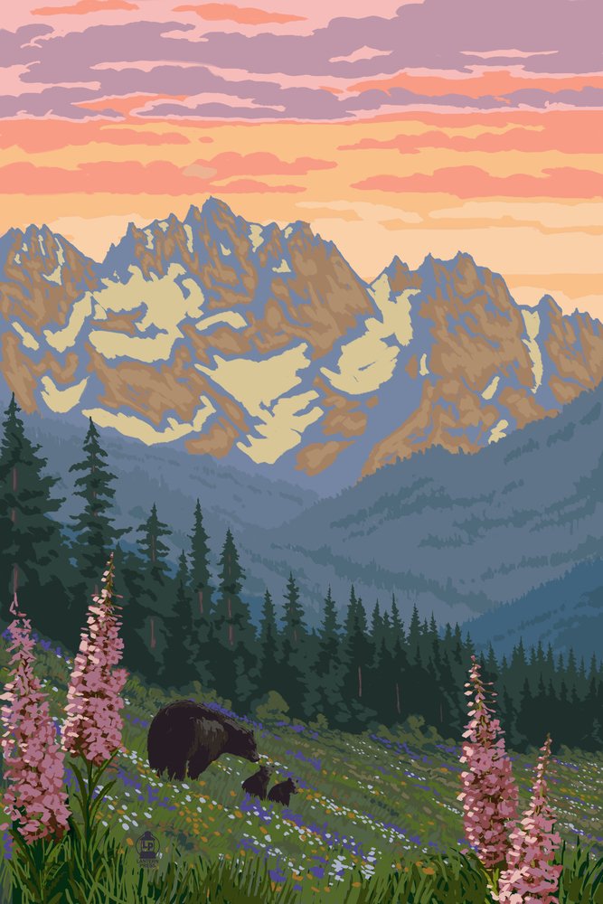 Lantern Press Spring Flowers and Bear Family Mountains Wall Art - 12x18 Wrapped Canvas Print for Home Decor, Living Room, Bedroom & Office