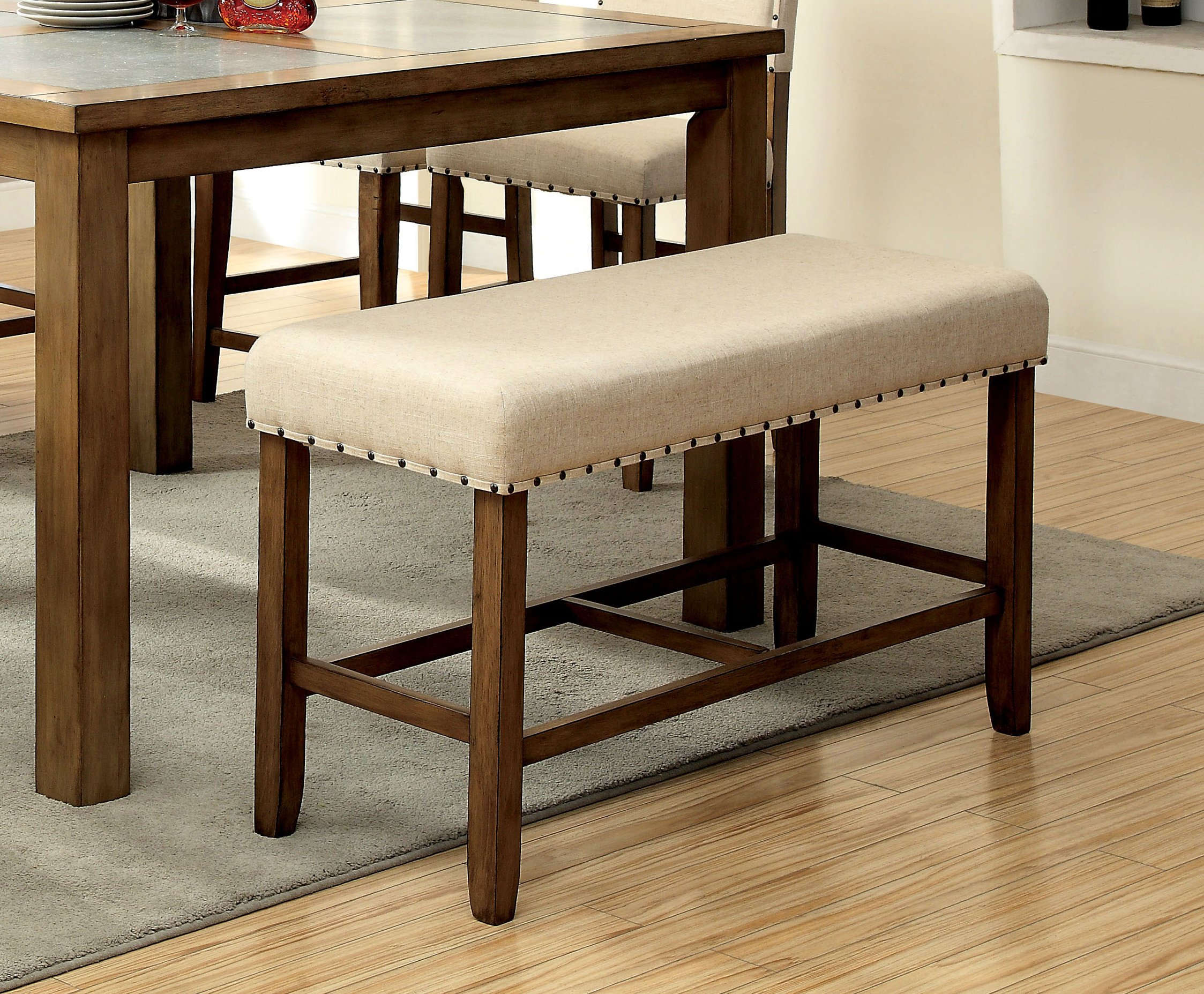 Furniture of America Lucena Upholstered Pub Dining Bench in Natural Tone Finish - Perfect for Kitchen Nook, Breakfast Bar & Casual Dining Areas
