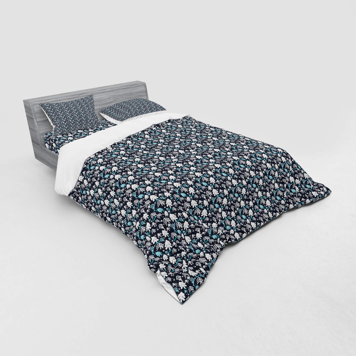 Ambesonne Christmas Duvet Cover Set - Winter Doodle Happy New Year Themed Abstract Trees with Snowflakes - 4 Piece Bedding Set with Shams & Fitted Sheet - California King Size - Pale Blue & Dark Blue - Cozy Holiday Bedroom Decor for Winter Season