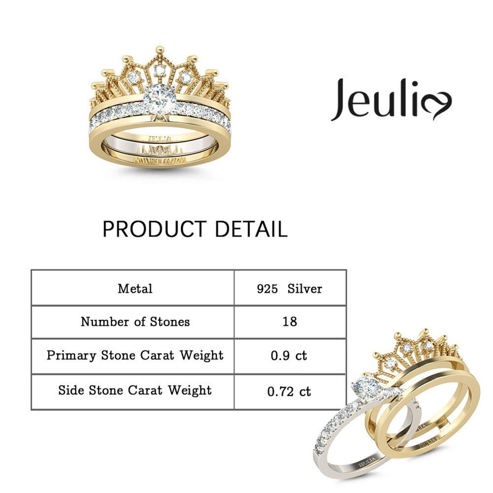 Jeulia 2 Carat Crown 925 Sterling Silver Ring for Women - Two Tone Gold Plated Wedding Band Set with Round Cut Cubic Zirconia - Engagement, Anniversary, Promise Ring - Perfect for Bridal Jewelry, Gift Giving & Special Occasions