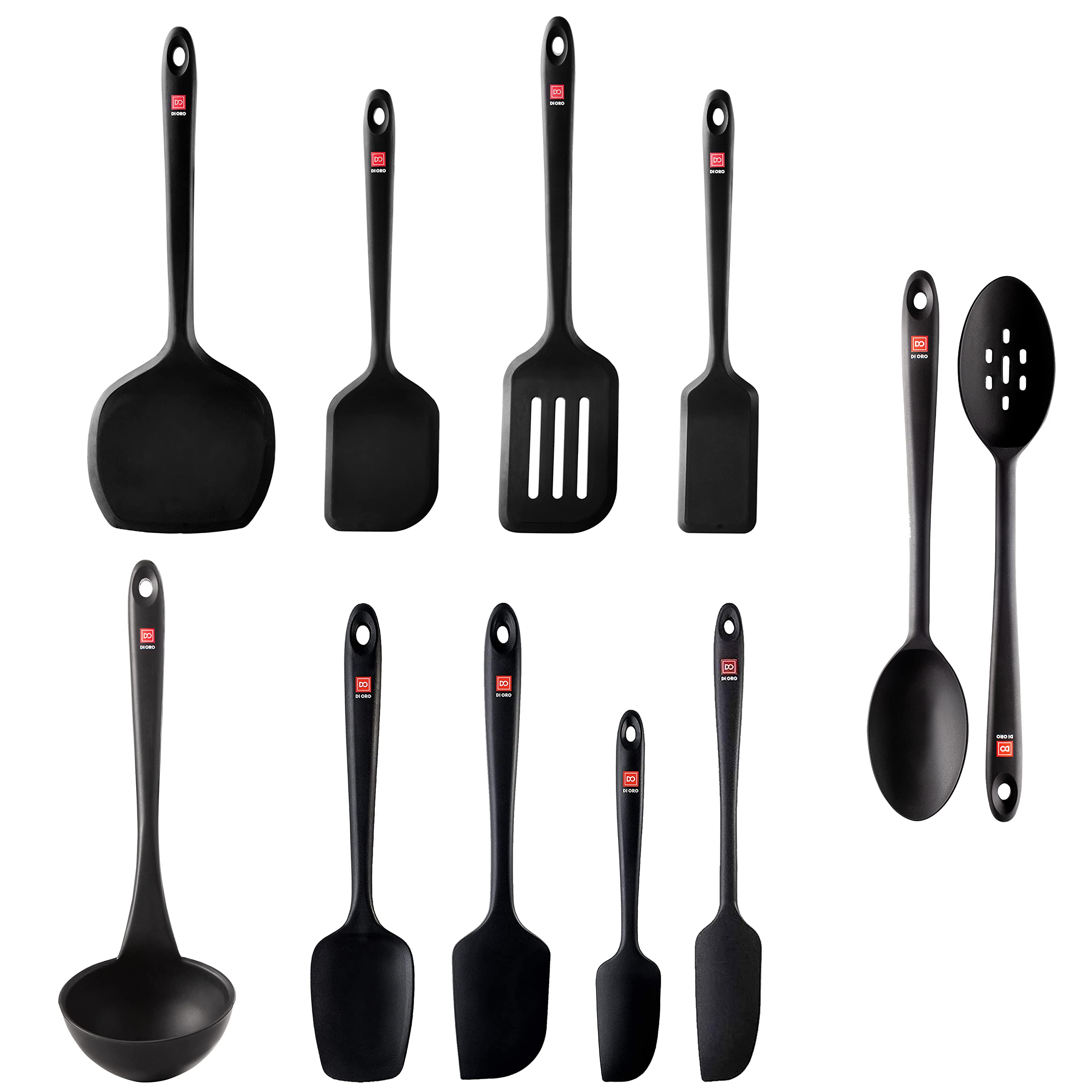 DI ORO 11-Piece Silicone Kitchen Utensil Set - 600°F Heat-Resistant Nonstick Cooking Tools with Spatula, Spoon & Ladle - BPA Free Silicone Utensils for Baking, Frying & Sauteing - Perfect for Nonstick Cookware & Everyday Kitchen Use (Black)