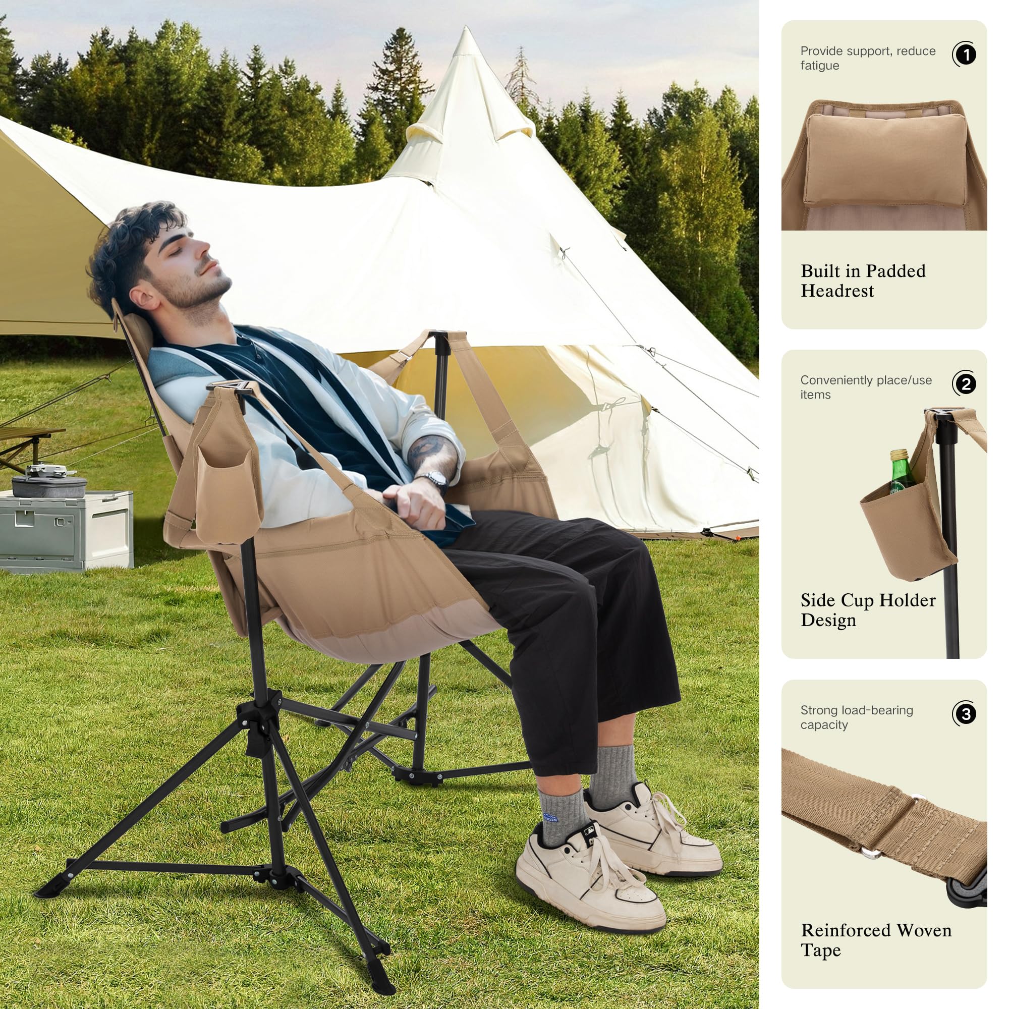 Portable Hammock Camping Chair with Adjustable Back - Heavy Duty Folding Outdoor Rocking Chair for Adults - Includes Cup Holder & High Back Support - Perfect for Backyard, Beach, Camping & Patio Relaxation (Beige)