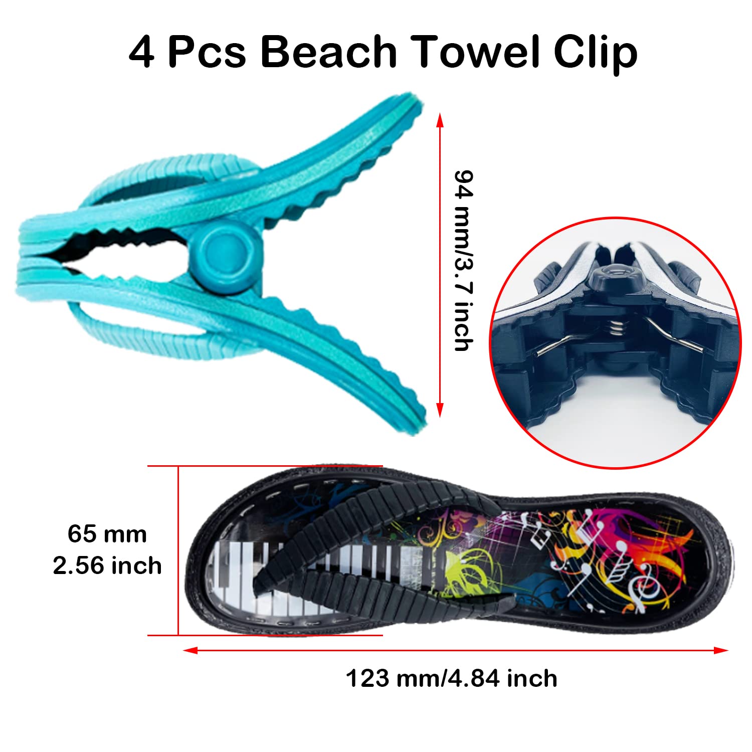 4 Pack Beach Towel Clips - Non-Slip Flip Flop & Lounge Chair Clips, Oversized Cute Clothespins for Pool, Patio & Vacation - Perfect Towel Holders for Beach, Swimming & Outdoor Relaxation (Black + Blue)