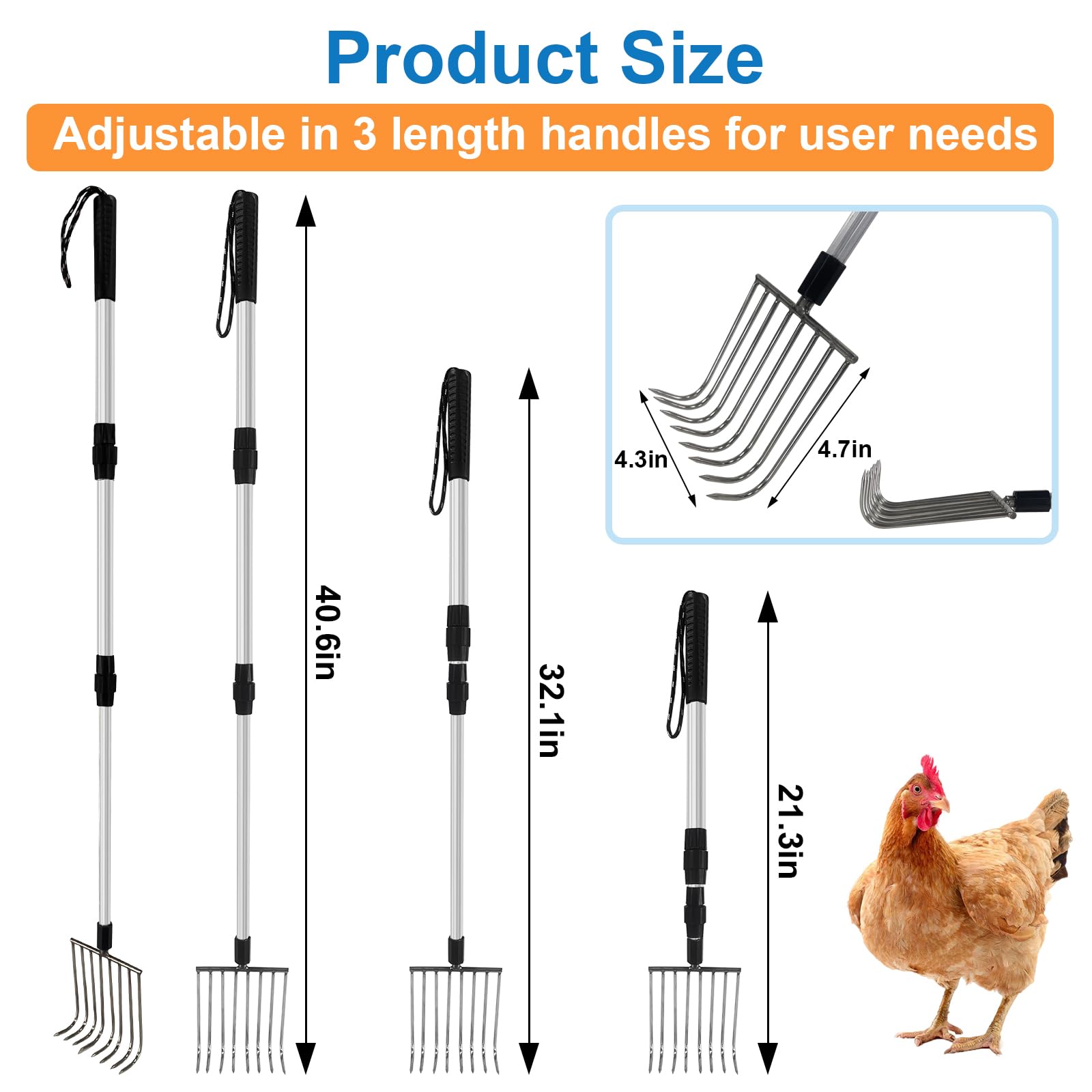 2 Pack Chicken Poop Scooper & Coop Rake - Retractable 3-in-1 Sifting Shovel with Detachable Handle for Easy Chicken Coop Cleaning | Durable Poultry Waste Removal Tools for Backyard Chicken Coops, Farms & Pet Enclosures