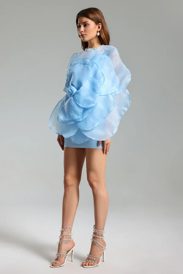 3D Voluminous Organza Floral Mini Dress in Blue - Elegant Party Wear for Weddings, Prom & Special Occasions