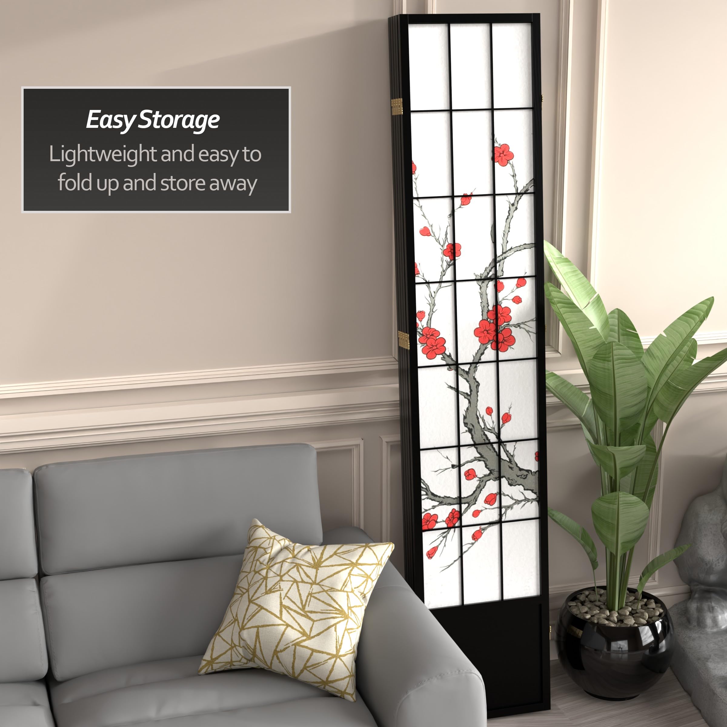 5-Panel Black Room Divider Screen - Red Lantern SS-84CBLSS - Privacy Partition for Home Office, Living Room & Bedroom