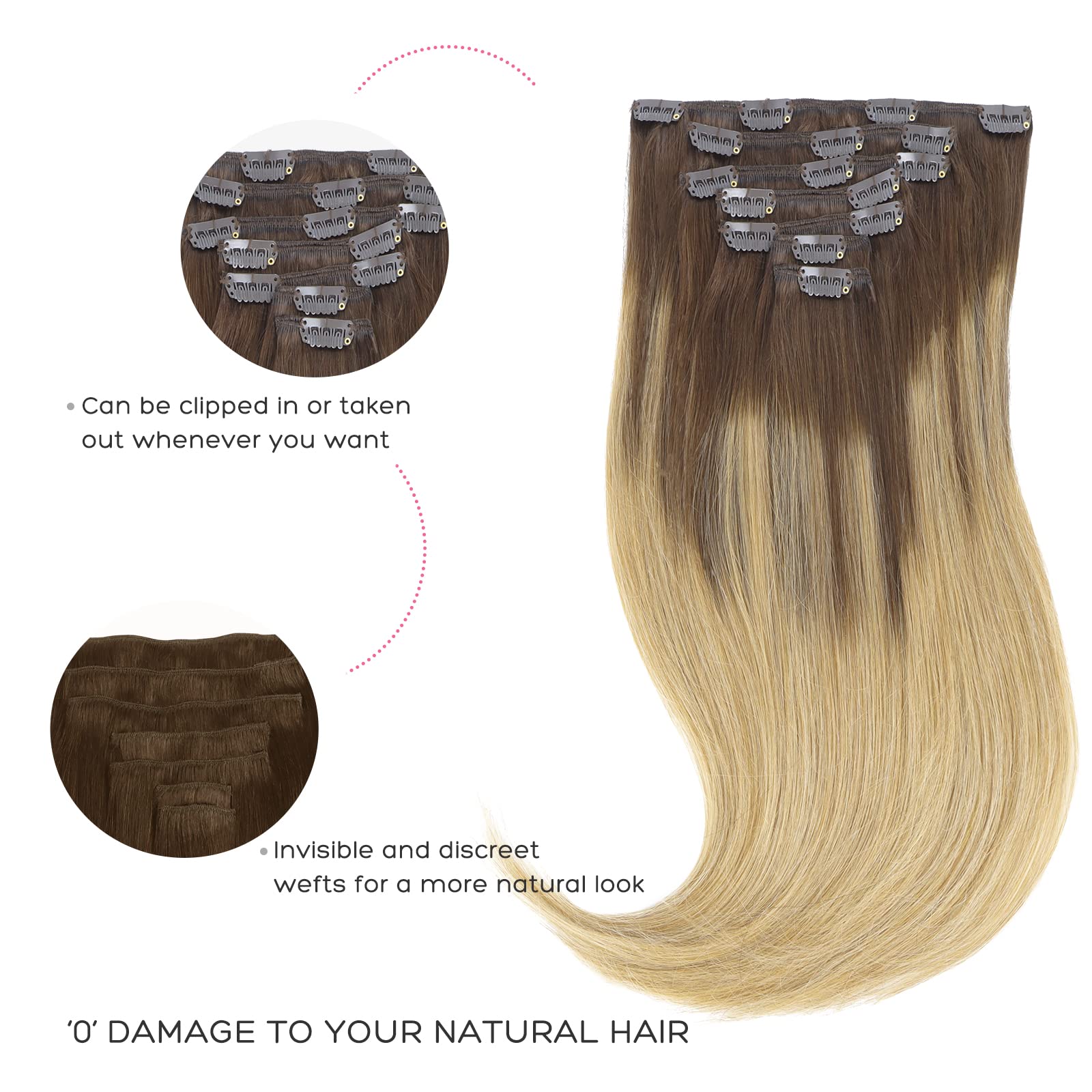 Marat Clip in Human Hair Extensions 20 Inch 120g - Chocolate Brown to Dirty Blonde Straight Hair Extensions for Women | Perfect for Parties, Weddings & Daily Styling