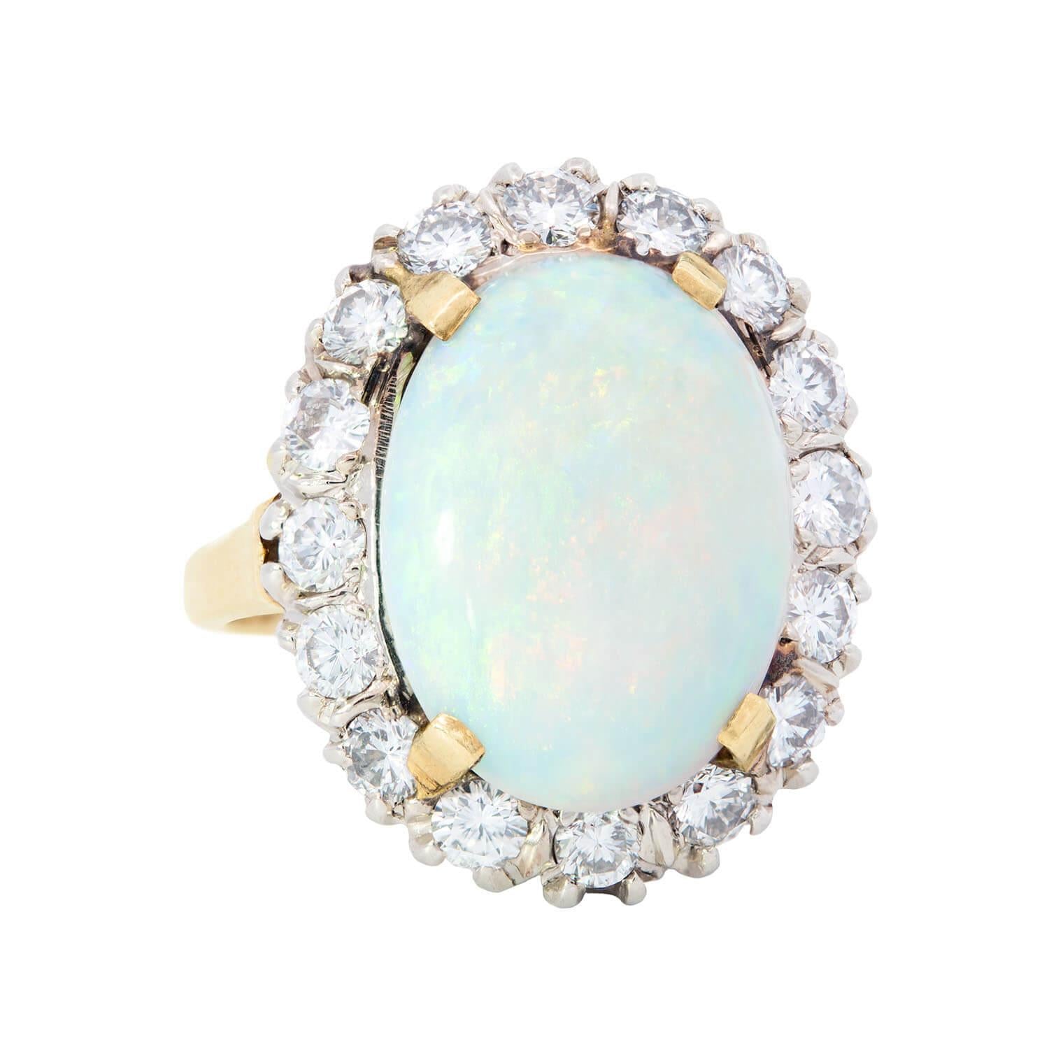 Vintage 14k Gold/Platinum Opal & Diamond Halo Engagement Ring for Women - Elegant Wedding, Anniversary & Special Occasion Jewelry Gift
