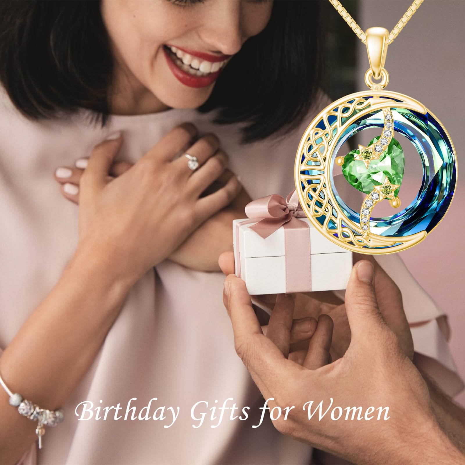 TOUPOP 925 Sterling Silver Moon & Star Pendant Necklace with Blue Crystal Birthstone - Elegant Jewelry Gift for Women, Mom, Wife | Perfect for Birthdays, Anniversaries & Special Occasions