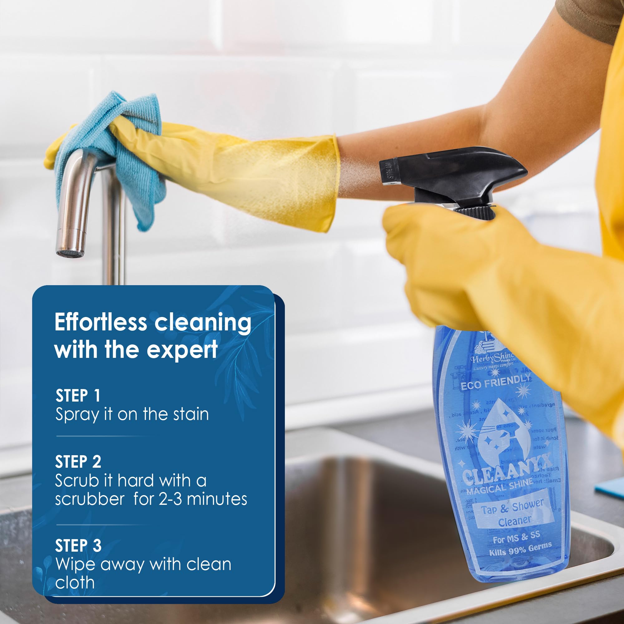 HerbyShine Bathroom Tap Cleaner | Hard Water Stain Remover & Shower Head Cleaner | Liquid Spray for Stain Removal | Perfect for Kitchen Sinks, Faucets, and Shower Glass Doors