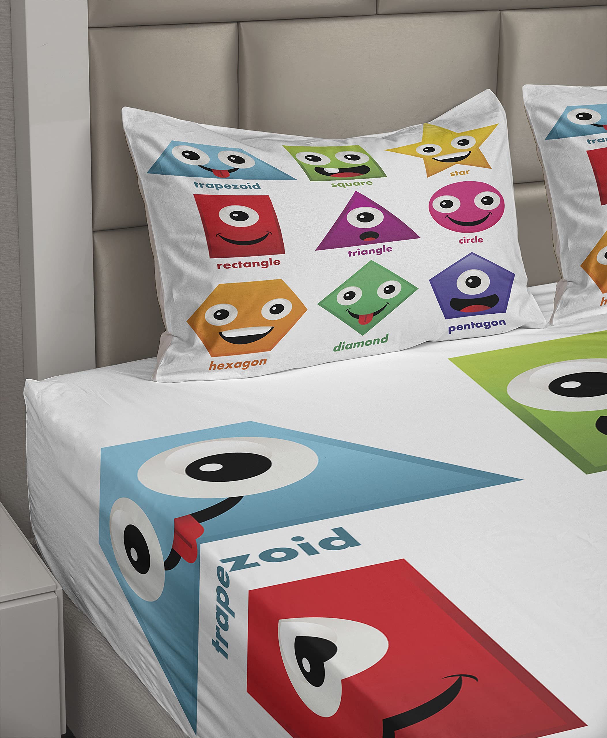 Ambesonne Science-Themed 4-Piece Sheet Set - Geometric Shapes with Funny Faces Cartoon Design, Soft Green & Purple Bedding (King Size) | Perfect for Kids' Rooms, Dorm Decor & Science Enthusiasts