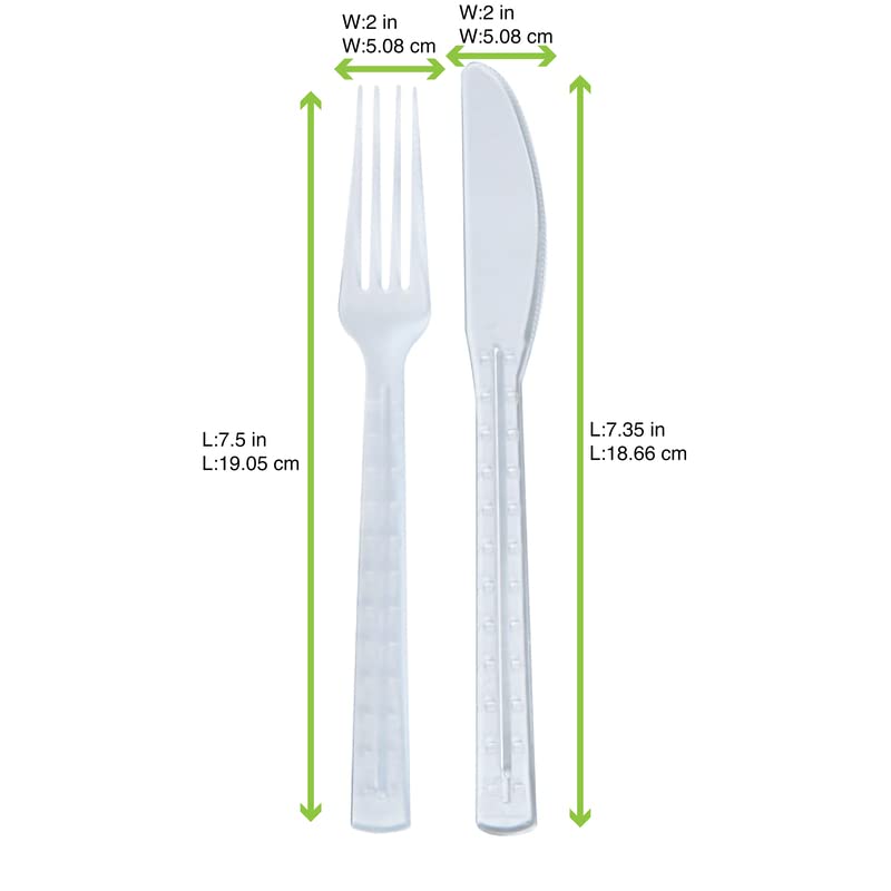 PACKNWOOD 250-Pack Heavy Duty Disposable Plastic Cutlery Set - 7.5 Inch White Utensils with Fork & Knife - Clear First Class Kit for Parties, Picnics, Catering & Travel - Eco-Friendly Disposable Cutlery