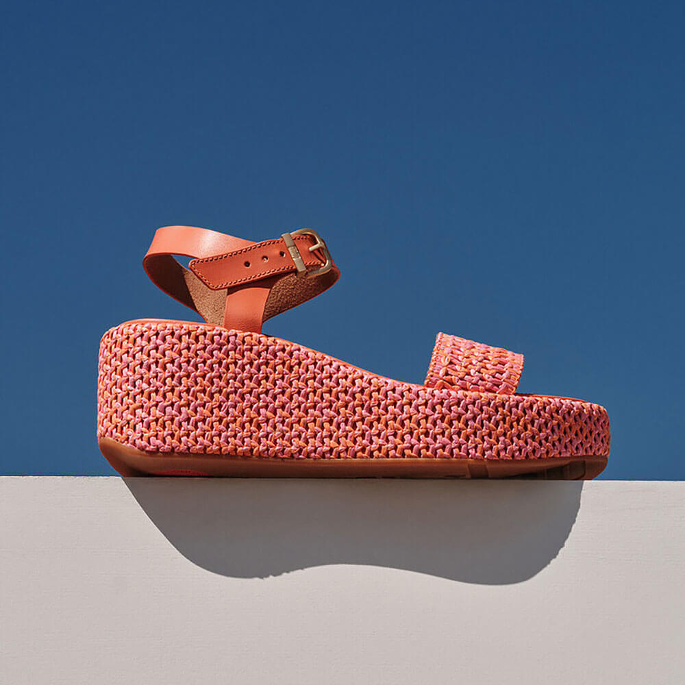 FitFlop Platfforms Woven Wedge Ankle Strap Sandals for Women - Comfortable Summer Casual Shoes in Satsuma Pink | Perfect for Beach, Vacation & Everyday Wear