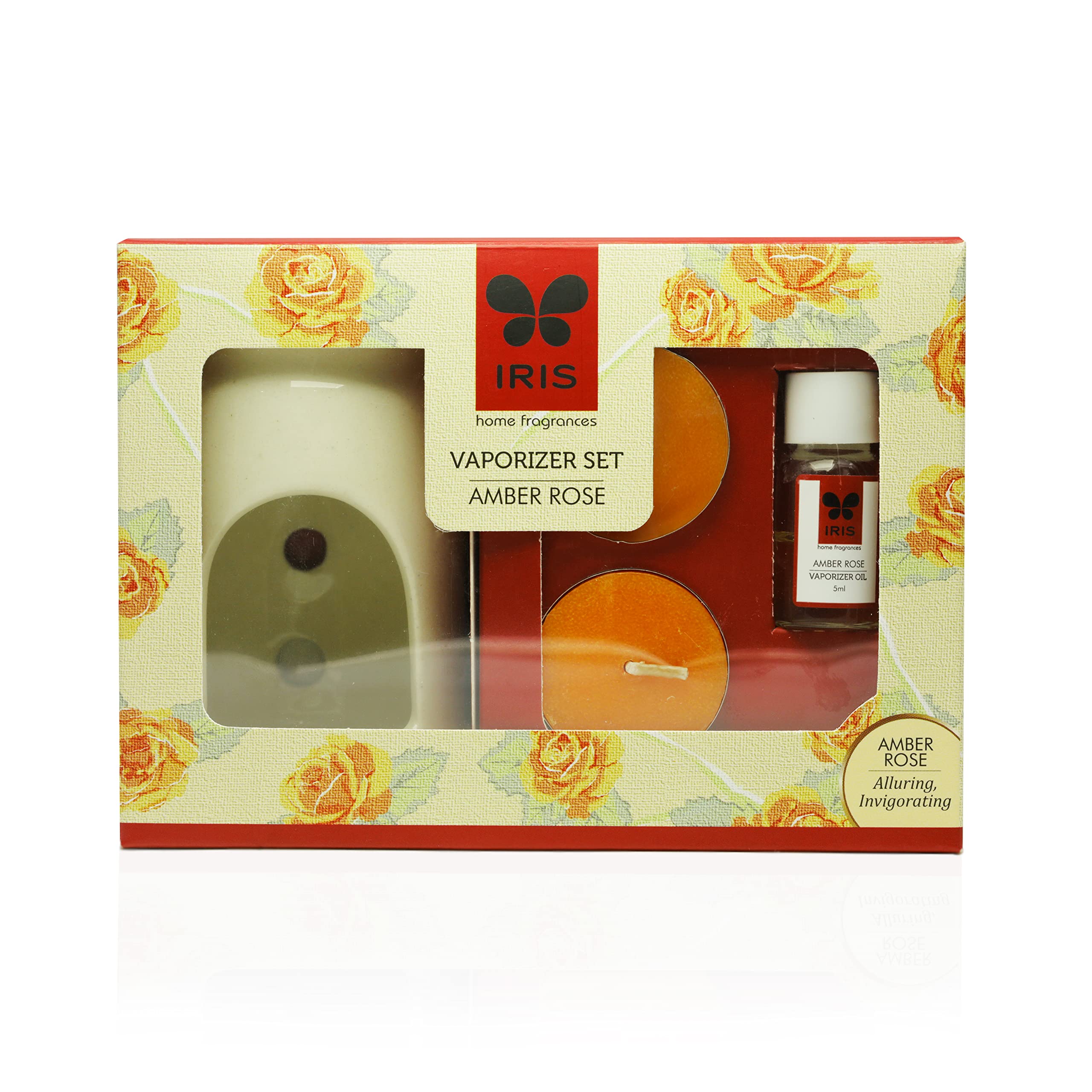 IRIS Amber Rose Aromatherapy Vaporizer Set with 2 Tea Light Candles | Natural Chemical-Free Home Fragrance | Room Freshener & Relaxation Gift (12.3x6.6x15.3cm) | Perfect for Bedroom, Bathroom, Yoga Studio & Spa | Made in India
