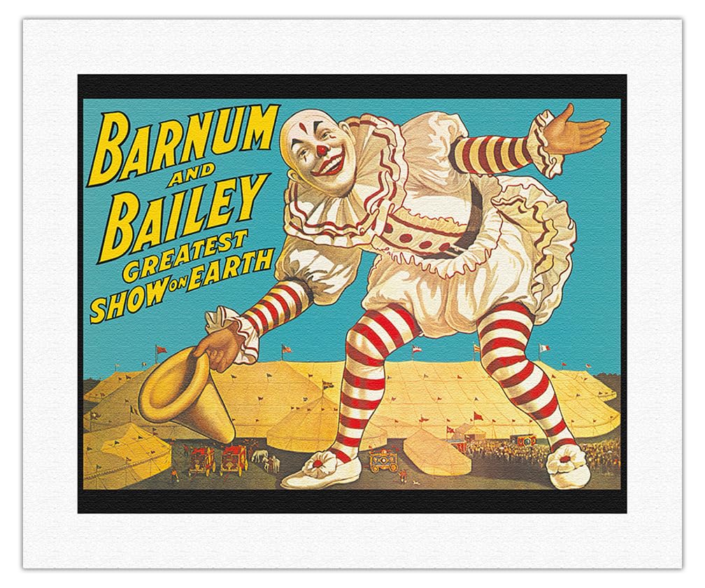 Vintage Barnum & Bailey Circus Poster - Greatest Show on Earth 1917 - Clown Standing Over Tents - Fine Art Rolled Canvas Print 16x20 inches - Perfect for Home Decor, Office Wall Art & Circus Theme Parties