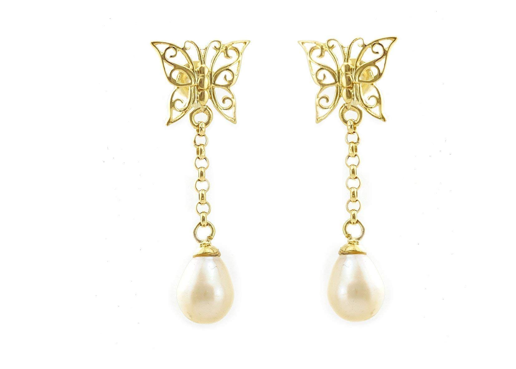 14K Solid Gold Drop Pearl Dangle Earrings for Women - Elegant Lace Butterfly Design, Perfect Gift for Wife, Anniversary, Valentine's Day | Everyday Wear, Date Night, Special Occasions