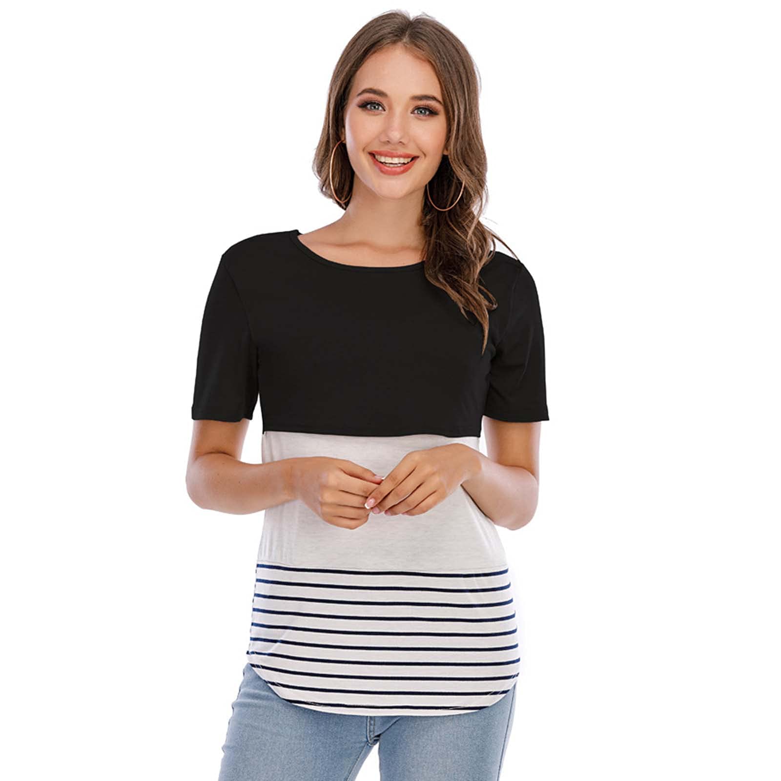 LIUguoo Women's Short Sleeve Maternity Shirts - Summer Stripe Patchwork Nursing Tops, Breathable Breastfeeding Blouses & Flowy Tunic Tops for Pregnancy | Perfect for Casual Outings, Nursing Sessions & Summer Comfort