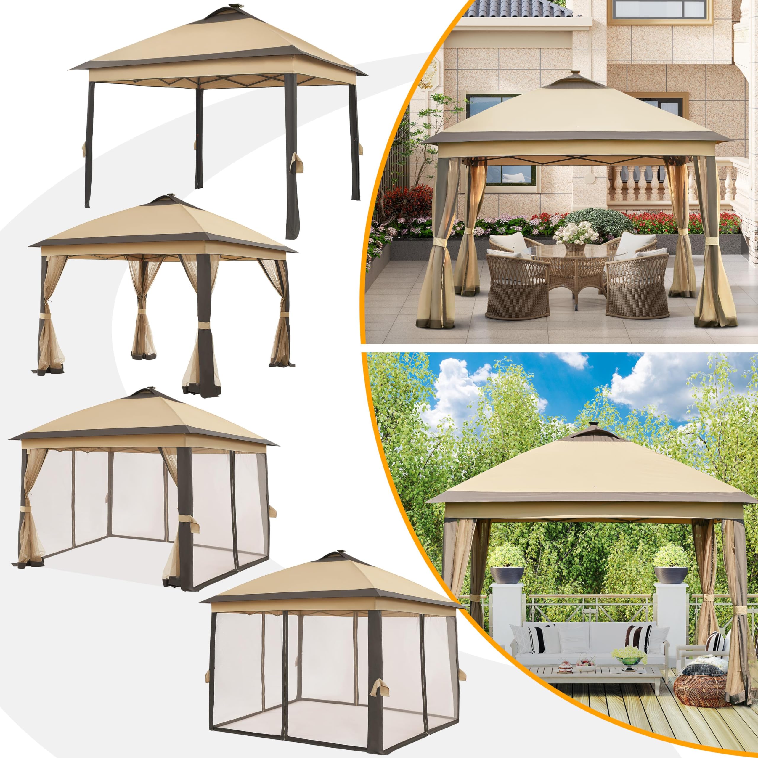 Topeakmart 11x11Ft Outdoor Pop Up Gazebo Canopy with Mesh Netting & Solar LED Lights - Patio Garden Shade Shelter for Backyard, Camping, Picnics (Khaki & Brown)
