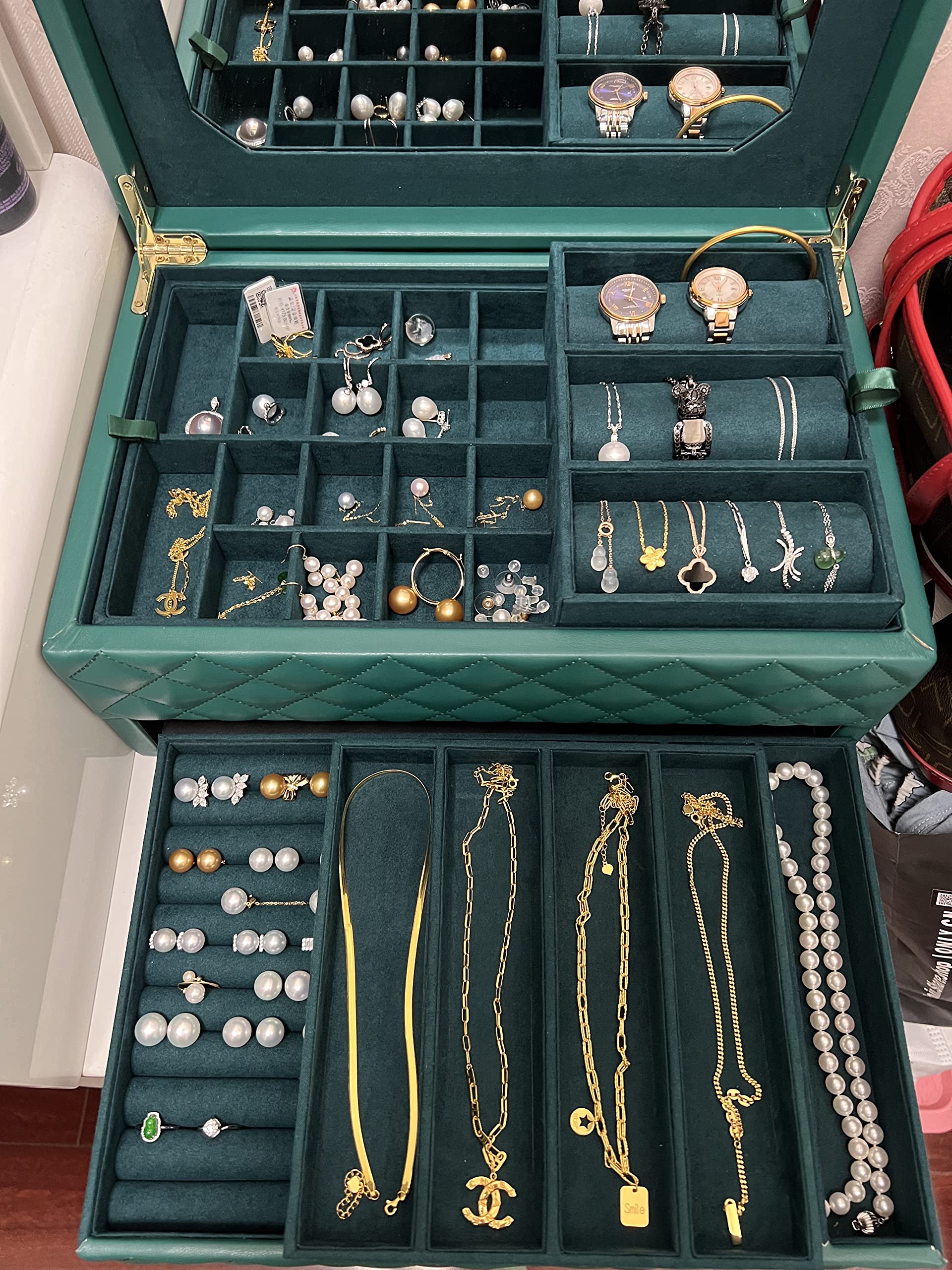 Luxury Large Wooden Jewelry Box Organizer with Mirror, Drawers & Faux-Leather - Perfect for Earrings, Necklaces, Rings Storage - Elegant Gift for Women (Green) | Bedroom Vanity, Travel, Wedding Jewelry Organizer
