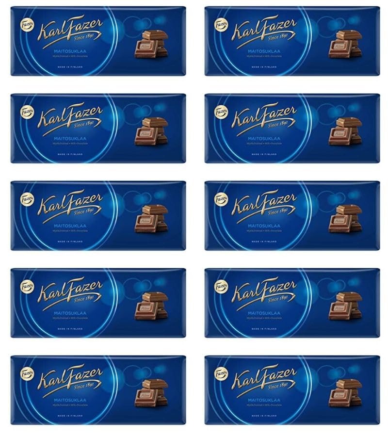 Fazer Karl Fazer Milk Chocolate Bars - 10 Pack (200g Each) | Premium Finnish Chocolate for Gifts, Snacking & Dessert Recipes