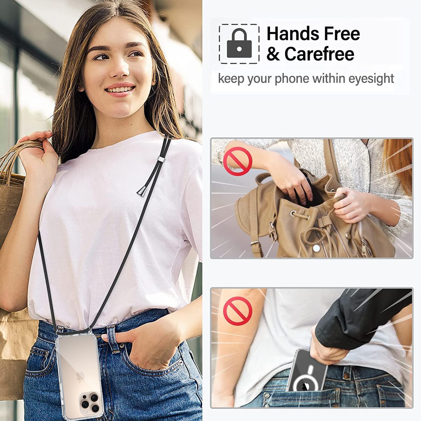 Pnakqil Magnetic Silicone Case for iPhone 16 Pro Max - MagSafe Compatible, Shockproof Transparent Cover with Adjustable Shoulder Strap & Charging Cord (Black) - Perfect for Outdoor Activities, Travel & Daily Protection