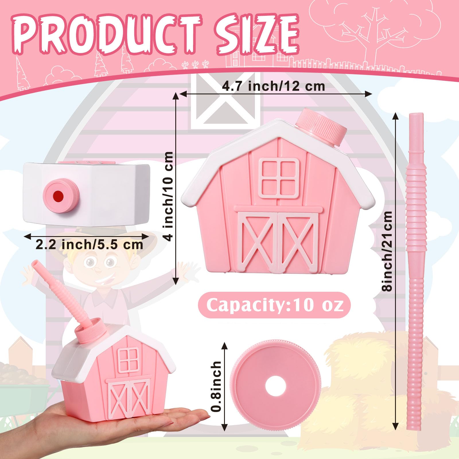 12 Pack Farmhouse Cups with Lids & Straws - 10oz Reusable Pink Party Cups for Farm Themed Birthday, Baby Shower, Barnyard Animal Decorations - Perfect for Farmhouse Weddings, Rustic Parties & Kids' Events