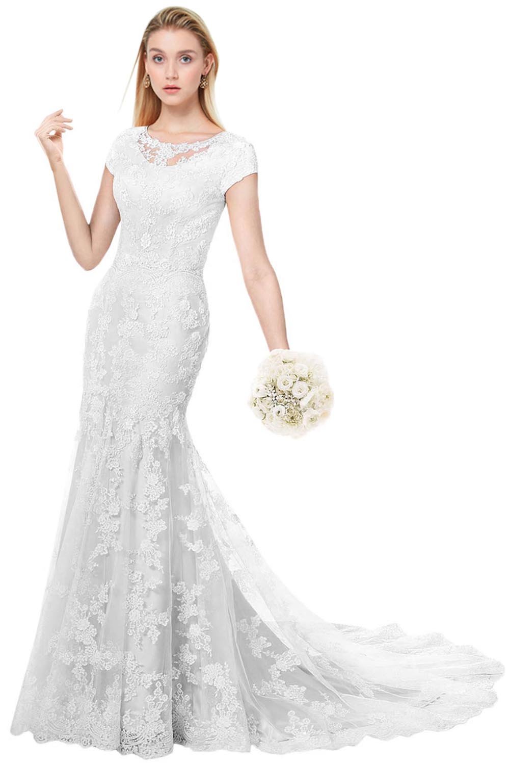 Elegant Modest Wedding Dress for Bride - Short Sleeves Mermaid Floral Lace Bridal Gown - Perfect for Church, Beach and Garden Weddings