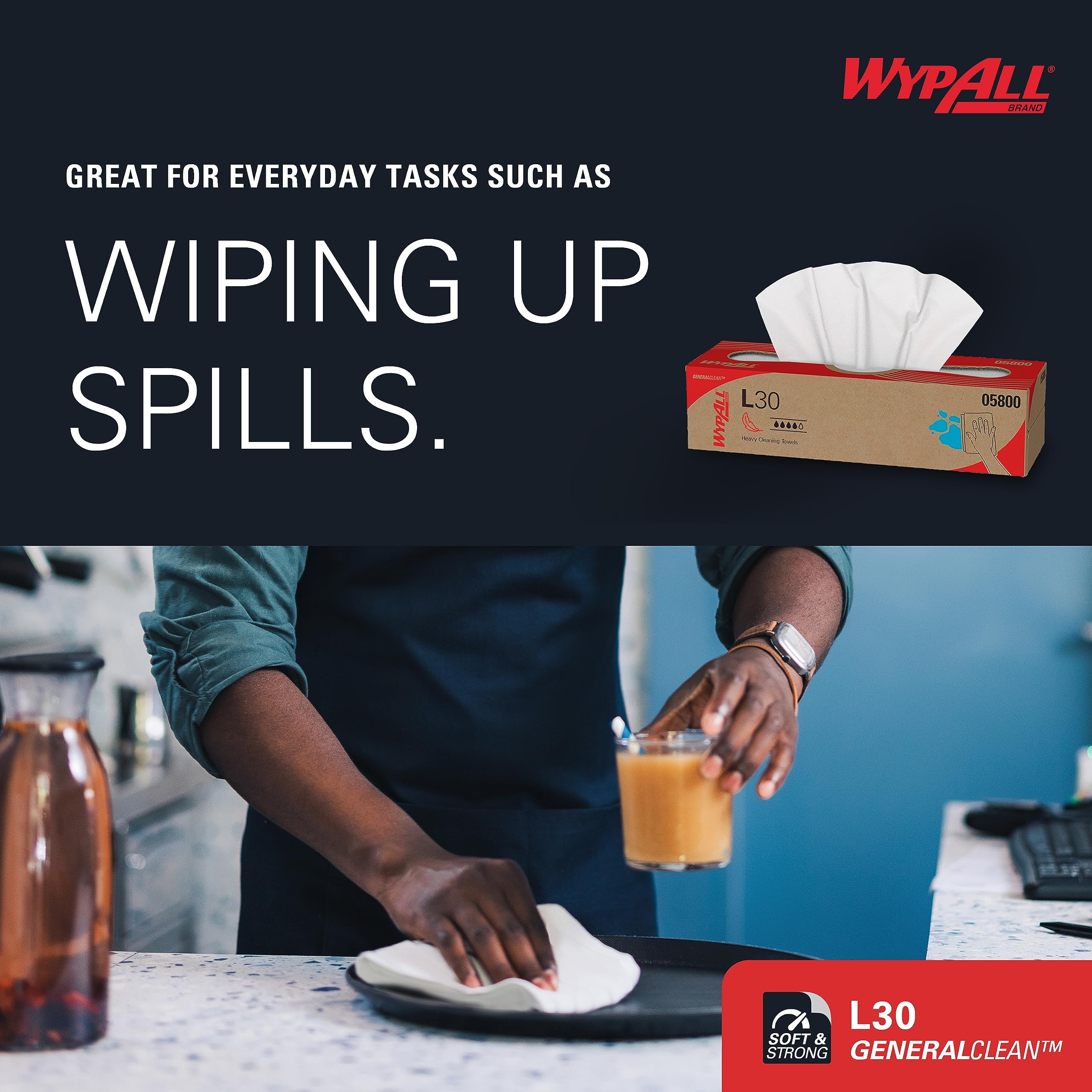 WypAll GeneralClean L30 Heavy Duty Cleaning Wipes (05800) - 8 Packs of 100 Sheets (800 Total) | Strong & Soft White Towels in Pop-Up Box | Ideal for Industrial, Garage & Workshop Cleaning