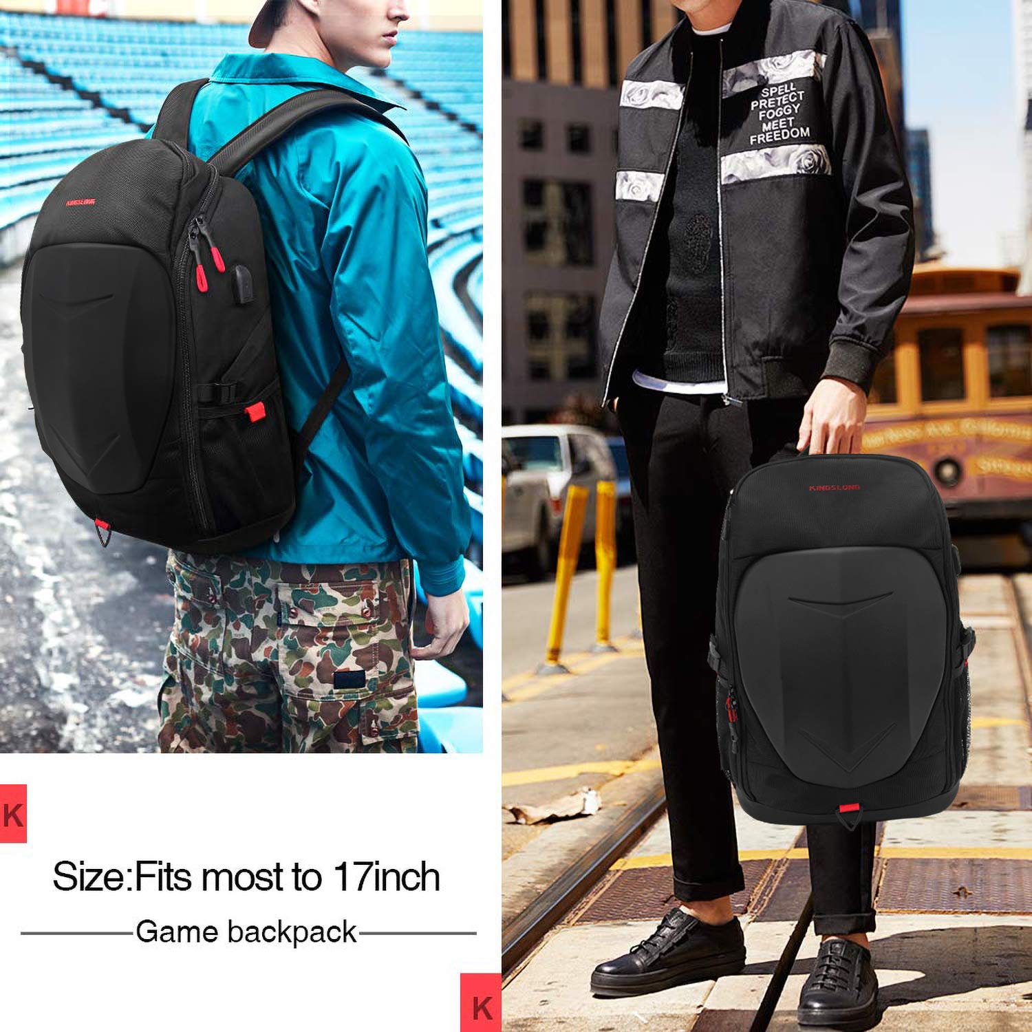 KINGSLONG 17 Inch Laptop Backpack with Hardshell Protection - USB Charging Port & Waterproof Rain Cover - Lightweight Armored Backpack for Motorcycle, Outdoor Racing, Travel & Daily Commute (Black)