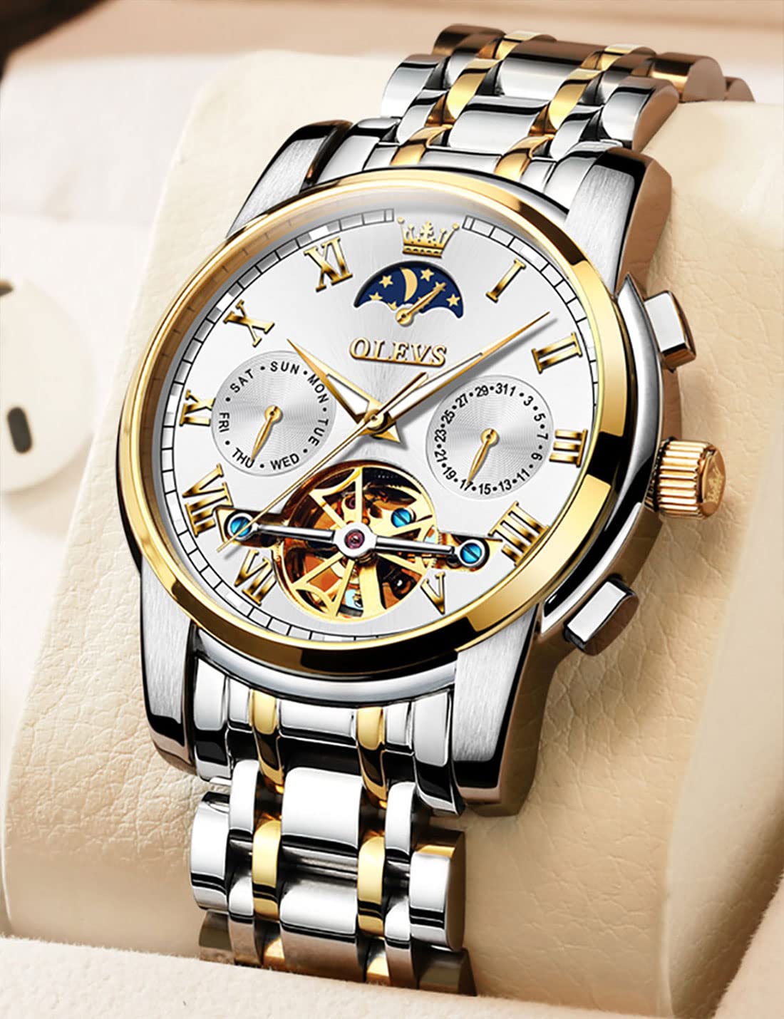 OLEVS Automatic Self-Winding Men's Watch with Date & Day Calendar, Stainless Steel Skeleton Tourbillon Watch - No Battery, Waterproof (30M) - Perfect for Business, Casual & Formal Occasions