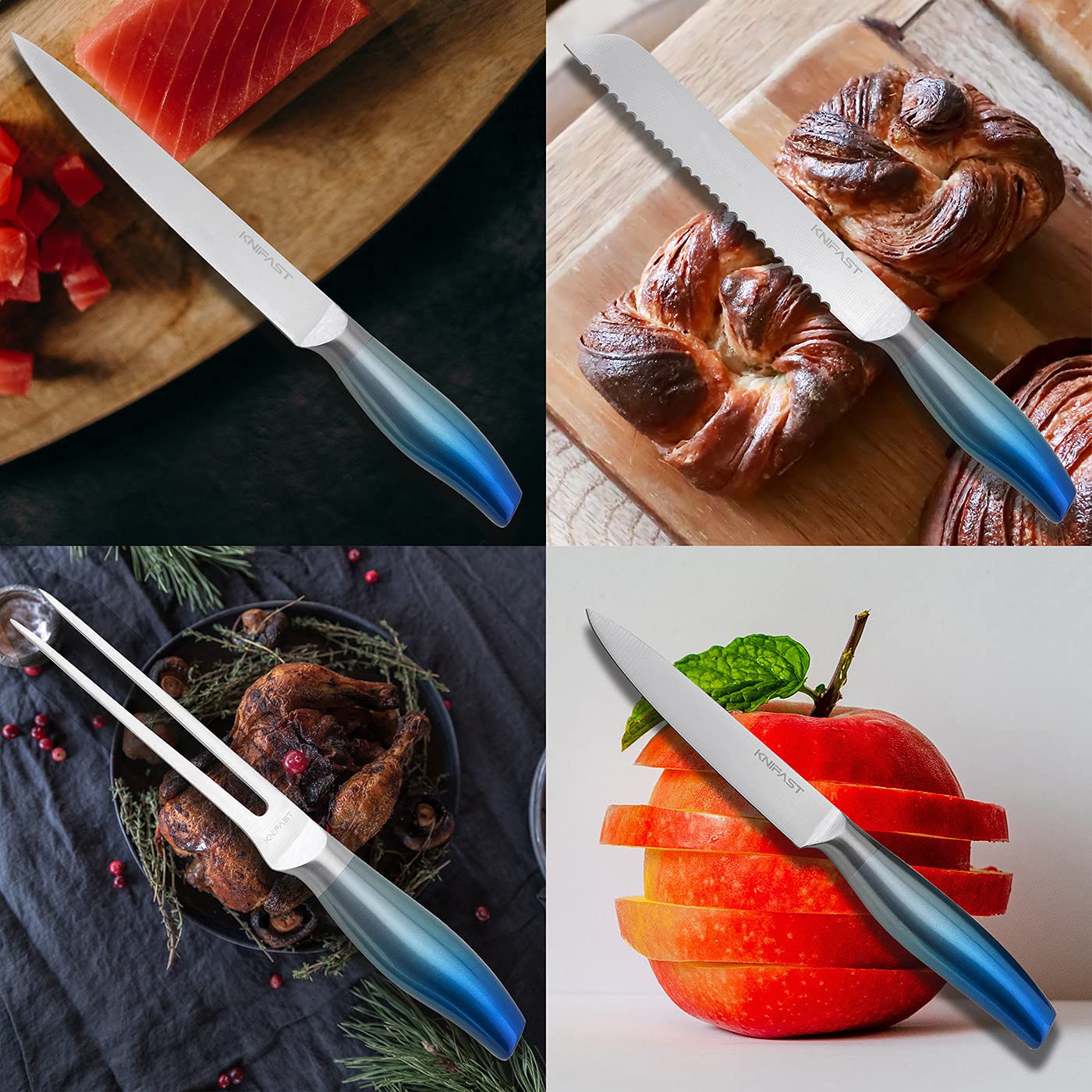 KNIFAST 17-Piece Full Tang German Stainless Steel Kitchen Knife Set with Wooden Block, Knife Sharpener & 6 Steak Knives (Blue) - Perfect for Home Chefs, Cooking Enthusiasts & Professional Kitchens
