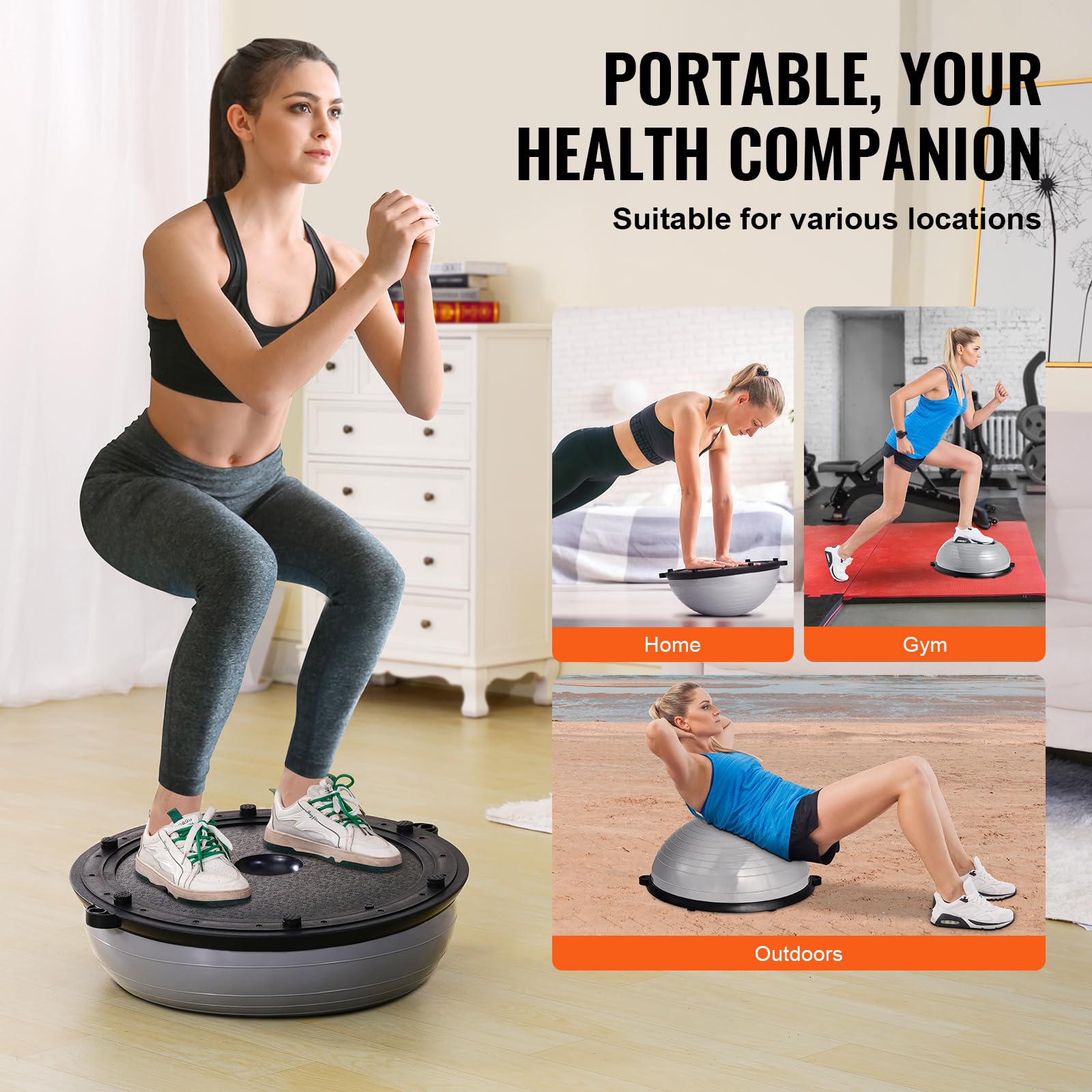 VEVOR 23/26 Inch Half Exercise Ball Trainer - 1500lbs Capacity Stability Ball for Yoga, Strength Training & Full Body Workout - Includes Resistance Bands & Foot Pump - Perfect for Home Gym, Pilates, Core Workouts & Physical Therapy (Black)