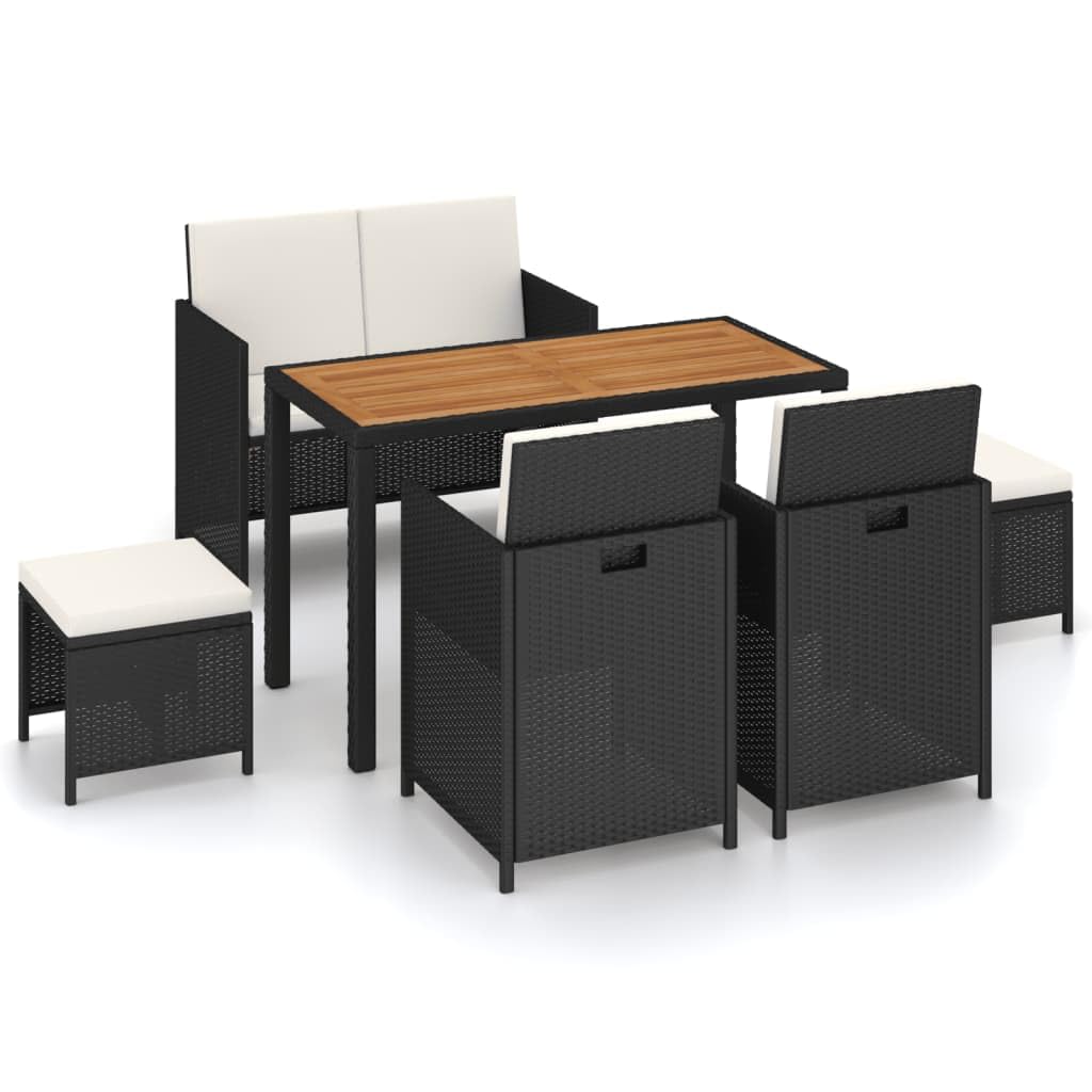 vidaXL 6-Piece Patio Dining Set with Wood Tabletop & Rattan Chairs with Cushions - Black Outdoor Furniture for Garden, Backyard, and Poolside Dining