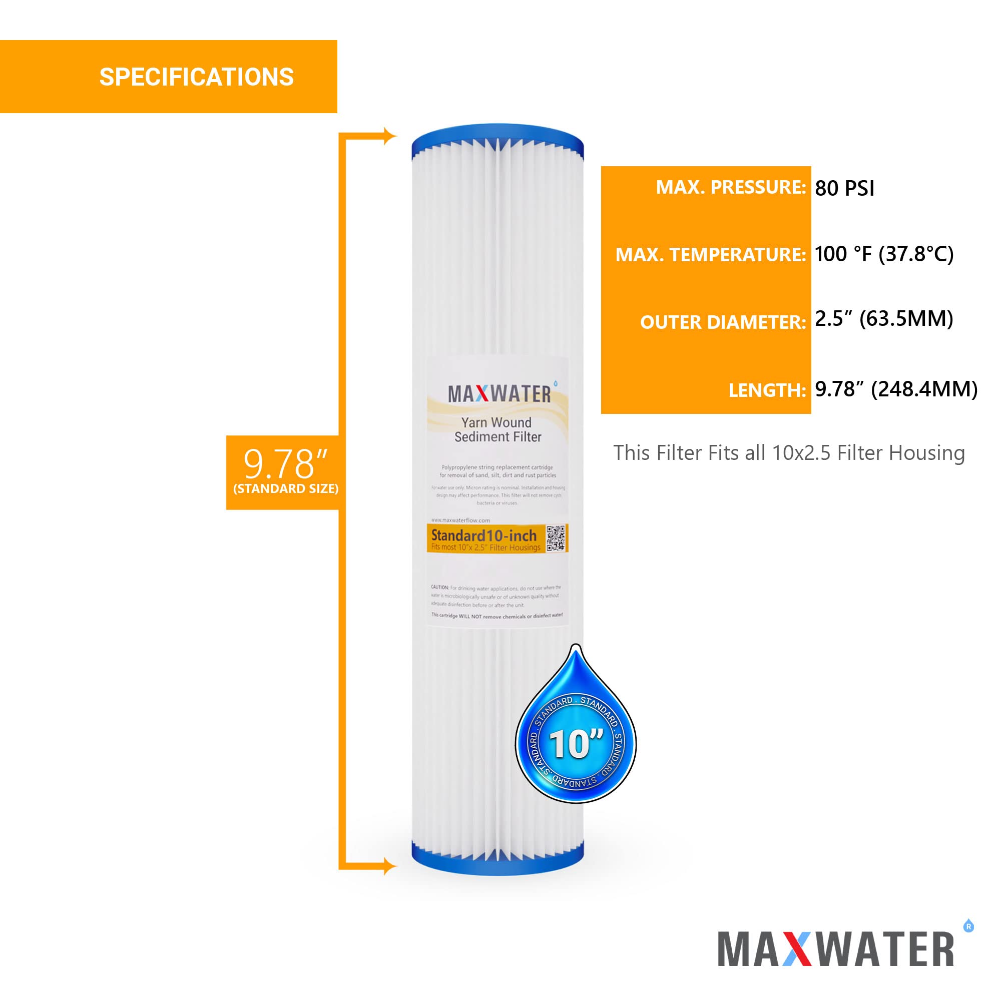 10 x 2.5 Inch 10 Micron Pleated Sediment Washable Filter Cartridge for 10