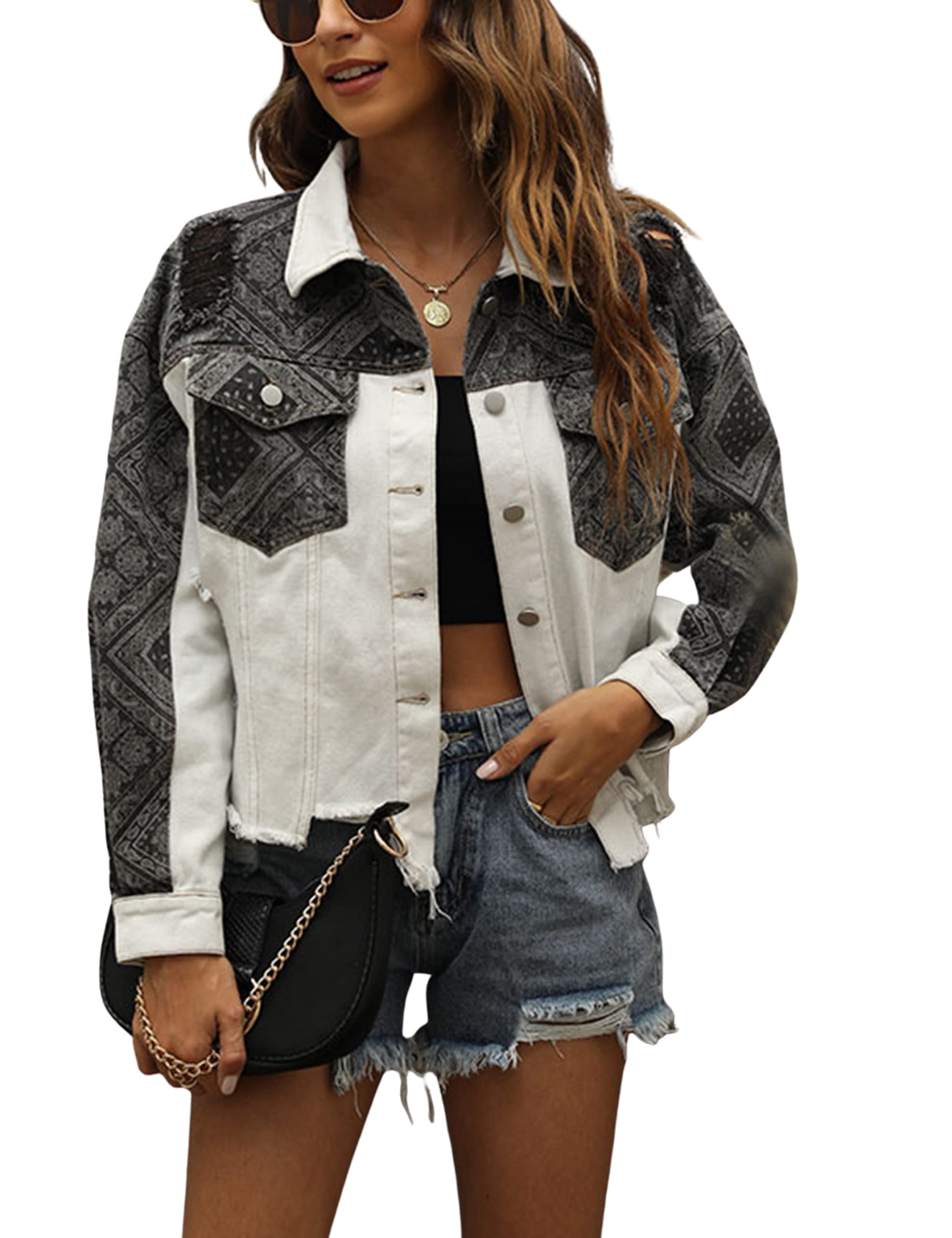 Vintage Distressed Women's Denim Jacket - PUWEI Contrast Patchwork Boyfriend Trucker Jean Coat | Casual Outerwear for Street Style, Fall Fashion & Everyday Wear