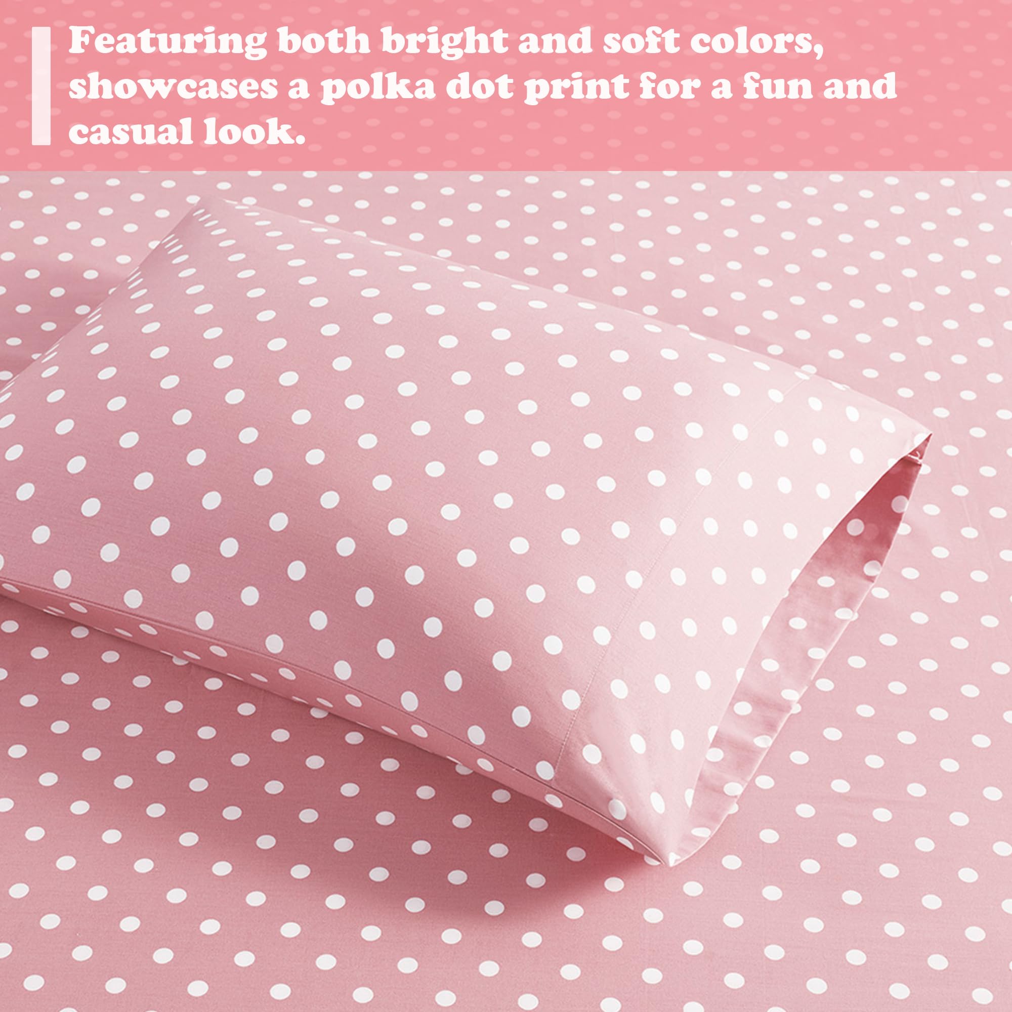 Pink Twin Size Sheet Set for Kids - 100% Cotton Percale Soft Bedding with Polka Dots, Includes Flat Sheet, Fitted Sheet & Pillowcase - Breathable All-Season Bed Set Fits 14