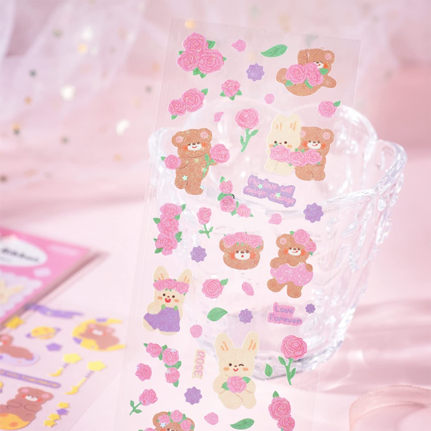 Korean Deco Stickers Set - 12P Cute Animal Glitter Self-Adhesive Stickers for Scrapbooking, Kpop Photocard Decor, DIY Crafts & Kids Art Projects (Bear Design) | Perfect for Journals, Planners, Gift Wrapping & School Supplies