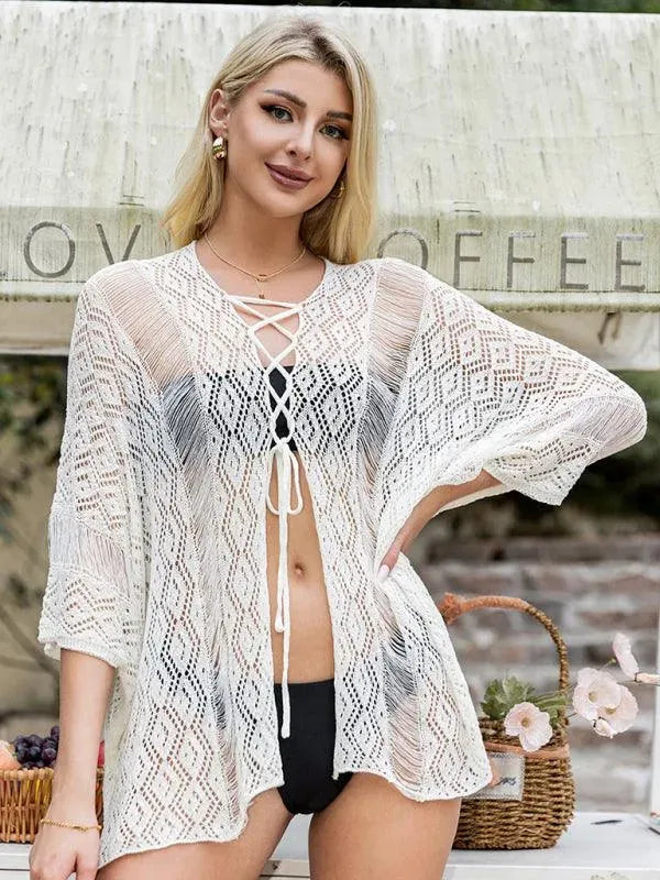 Women's Solid Color Hollow Lace Up Cardigan - Lightweight Beach Cover Up, Summer Knitwear for Casual Outings & Vacation Wear