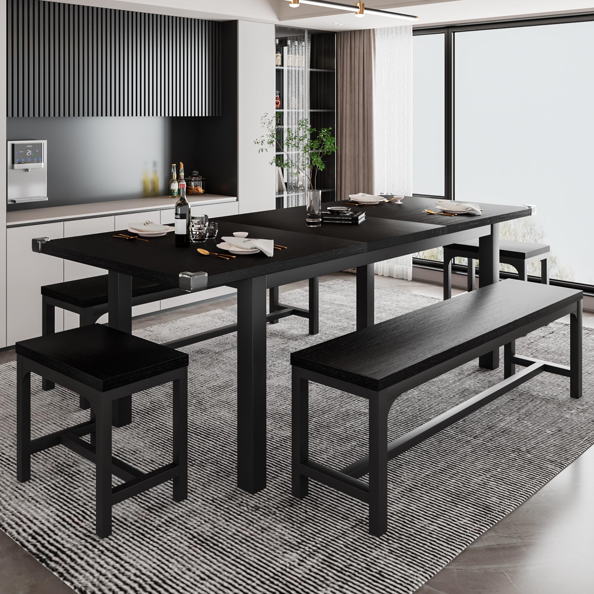 iPormis 5-Piece Extendable Dining Table Set for 4-8 People - Mid-Century Modern Kitchen Table with 2 Benches & 2 Stools, Space-Saving Black MDF Board & Metal Frame - Perfect for Small Apartments, Breakfast Nooks, and Family Gatherings
