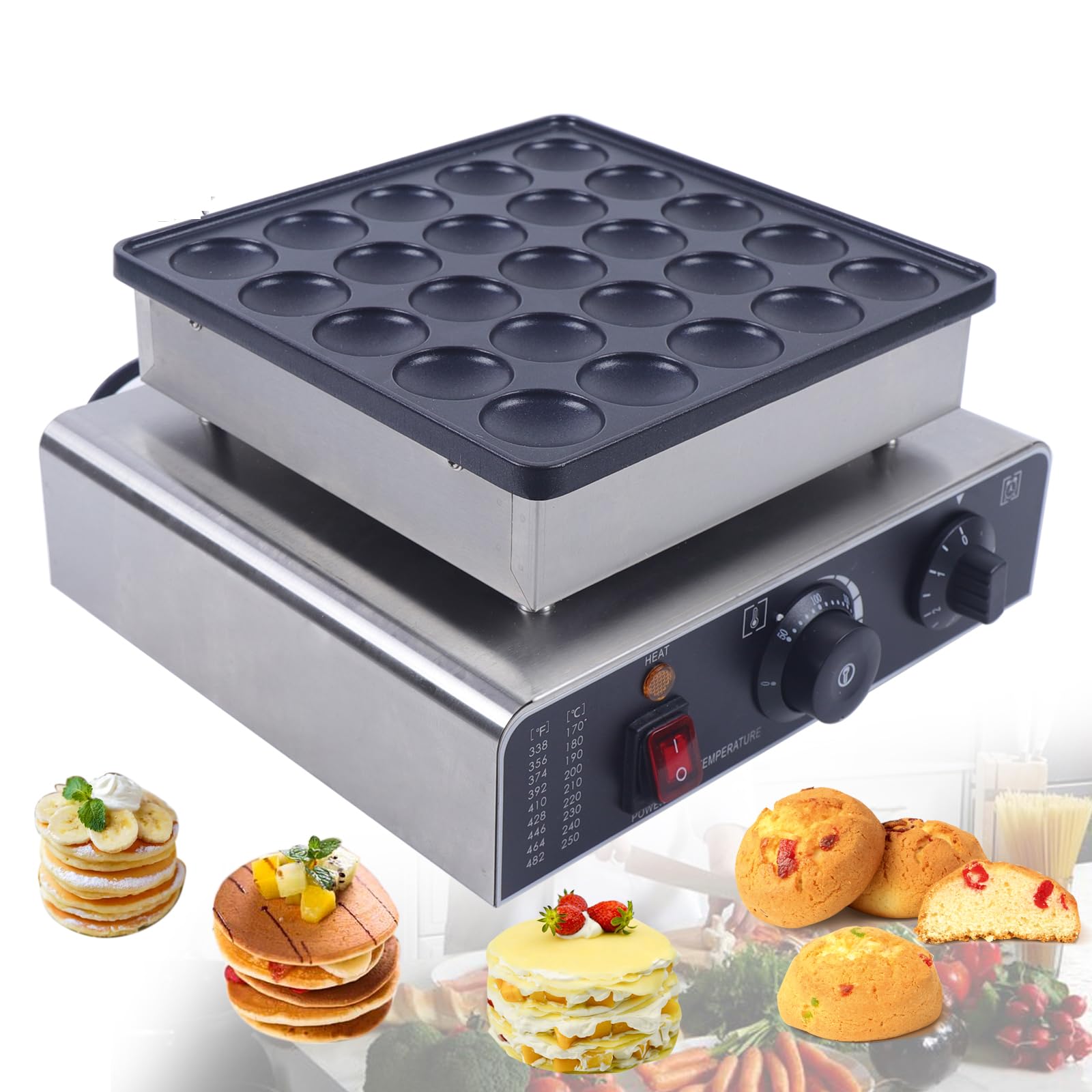 25 Holes Mini Dutch Pancake Maker - 110V 800W Electric Nonstick Takoyaki & Waffle Maker Machine, Rust-Proof for Home, Restaurants, Cafes - Perfect for Breakfast, Desserts, and Party Snacks