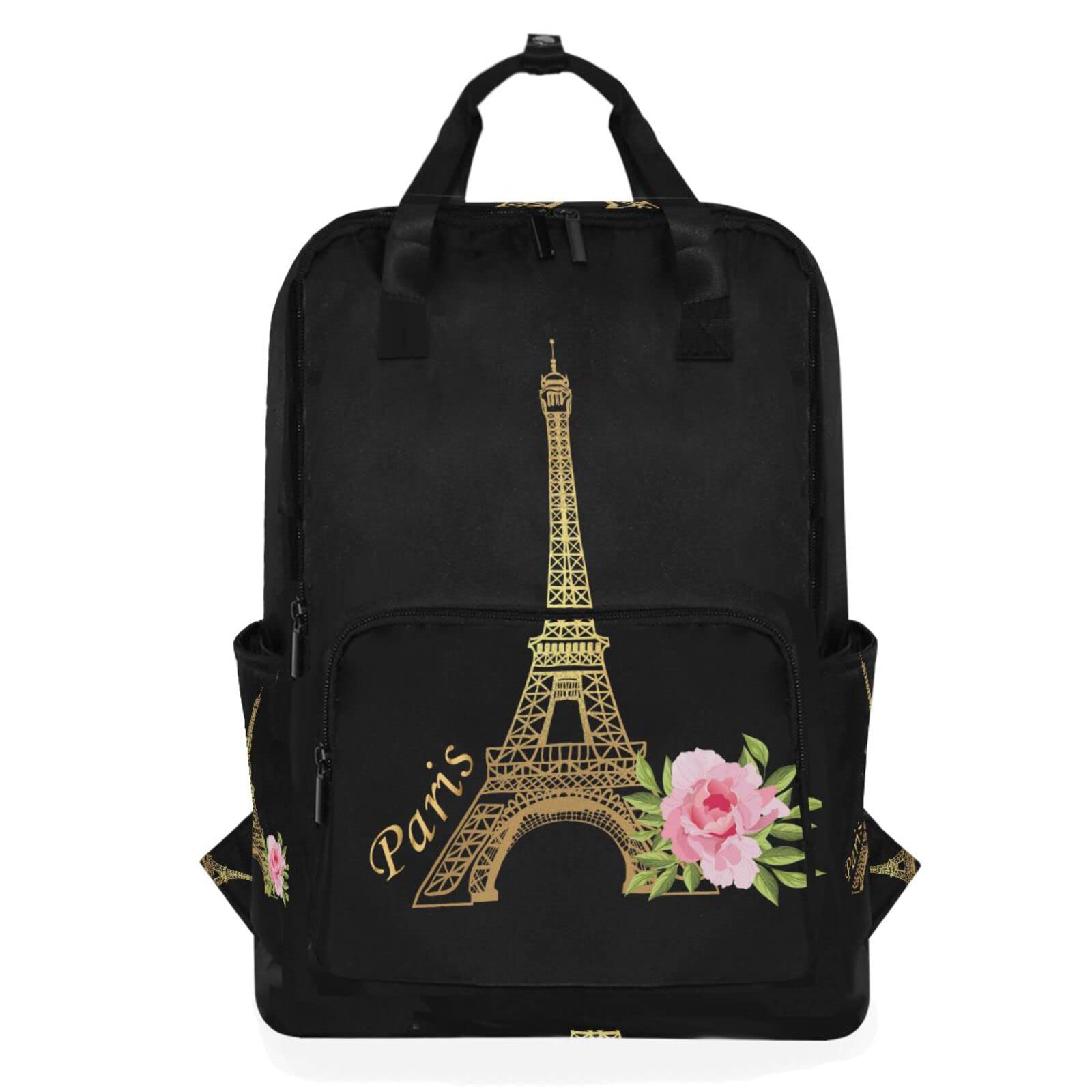 Stylish Paris Eiffel Tower Floral Laptop Backpack - Waterproof Tote Shoulder Bag for Women & Men, Perfect for Work, Gym, Travel & Daily Commute | Black Gold Rose Design with Spacious Compartments