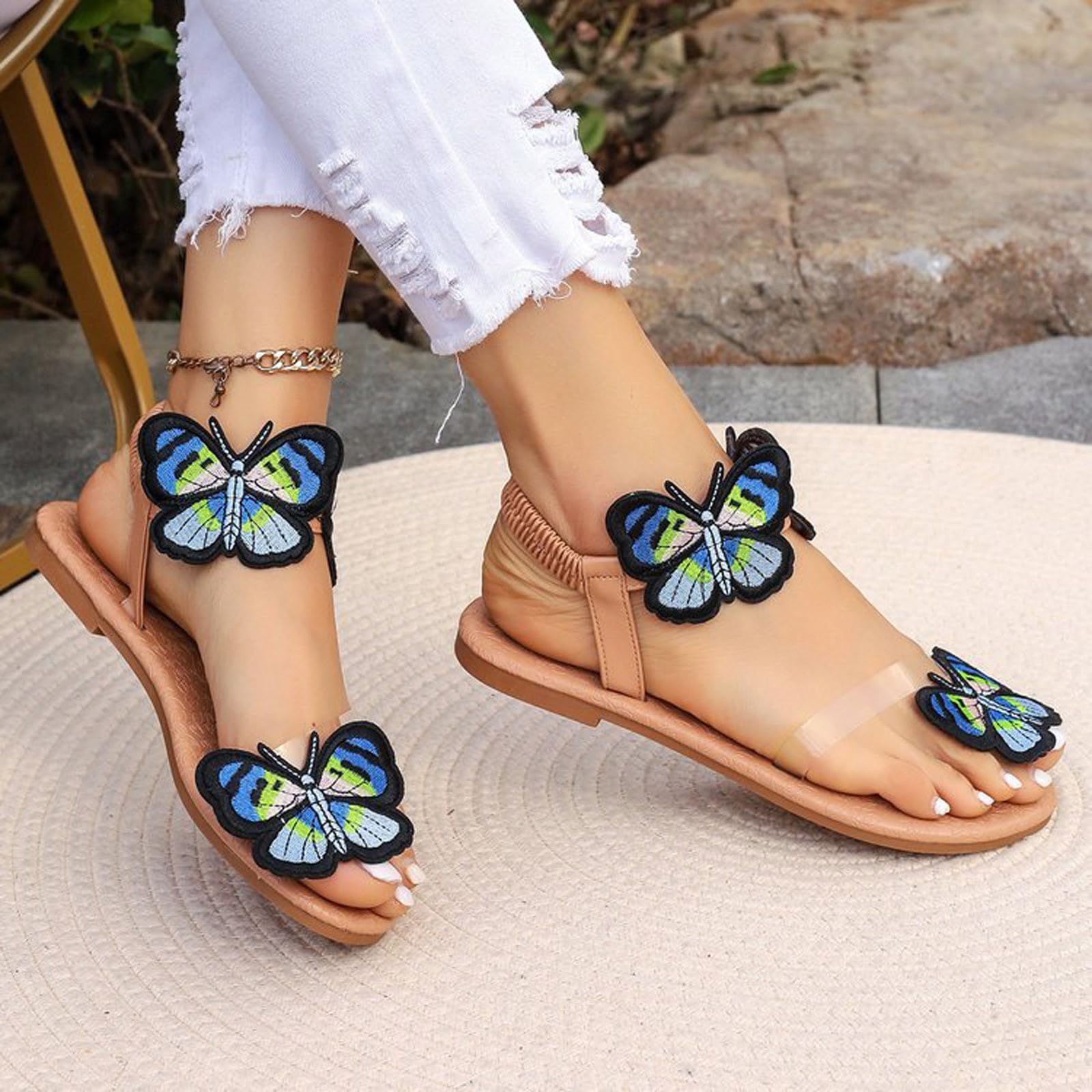 2024 Women's Oversized Flat Sandals with Butterfly Embroidery - Comfortable Beach Shoes for Summer, Walking, and Outdoor Activities