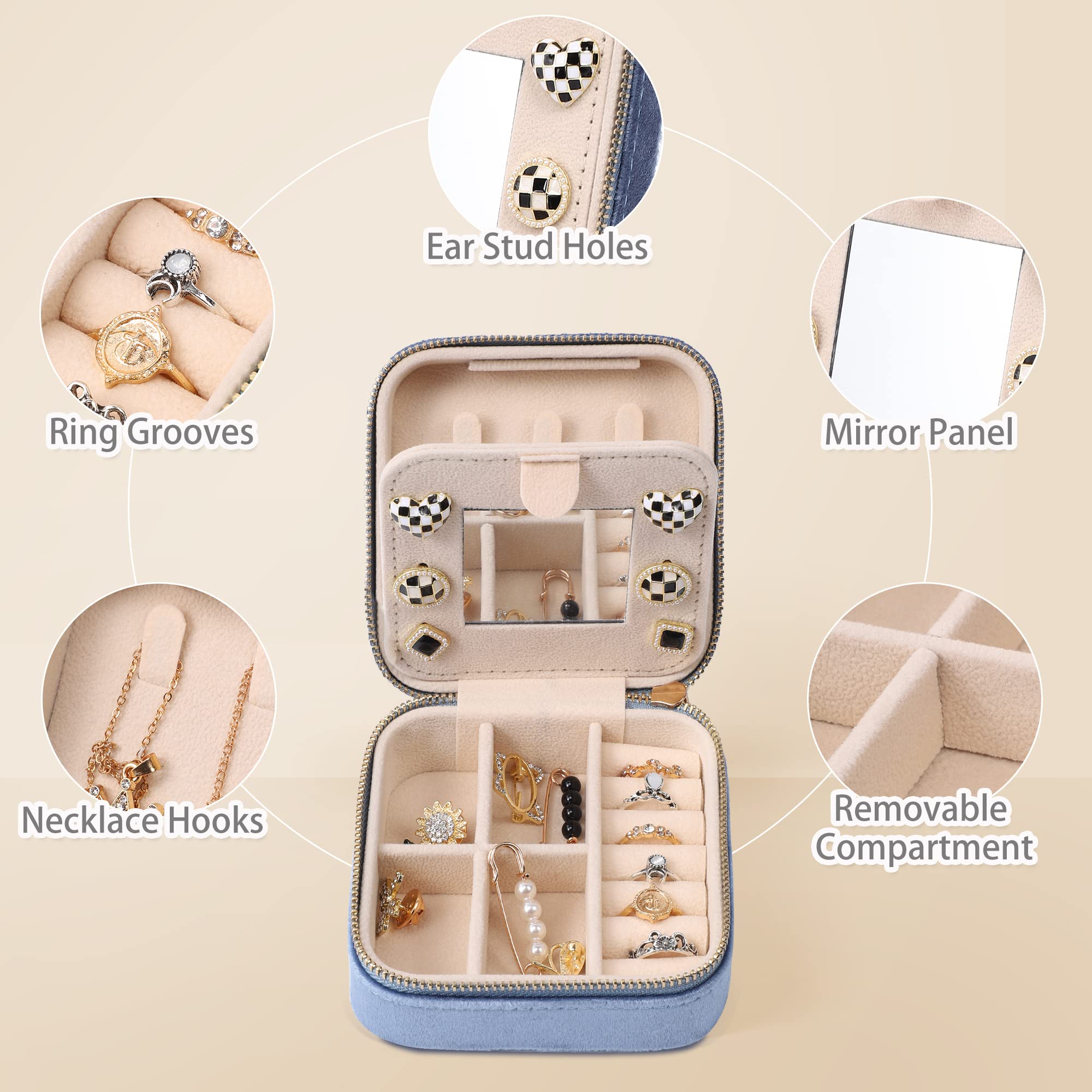 Dajasan Velvet Travel Jewelry Box for Women - 3-Layer Mini Portable Jewelry Organizer with Mirror, Compact Jewelry Case for Necklaces, Rings & Earrings - Perfect for Vacation, Business Trips & Gift Giving (Blue)