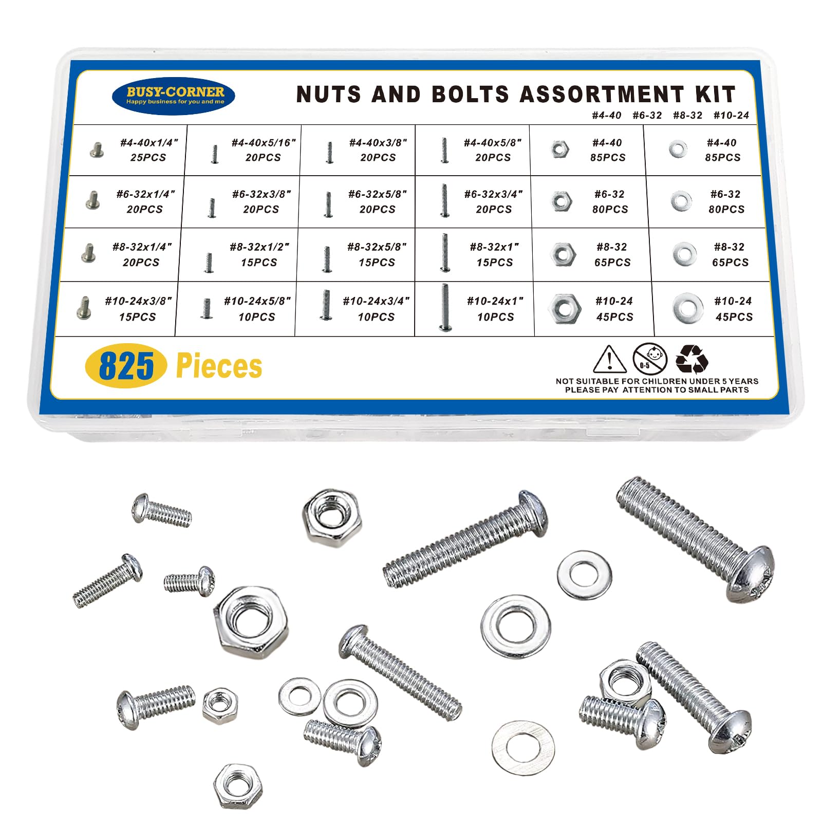 825Pcs Stainless Steel Machine Screws Assortment Kit - #4-40, #6-32, #8-32, #10-24 Phillips Pan Head Bolts with Nuts & Washers - Perfect for DIY Projects, Home Repairs, and Automotive Maintenance