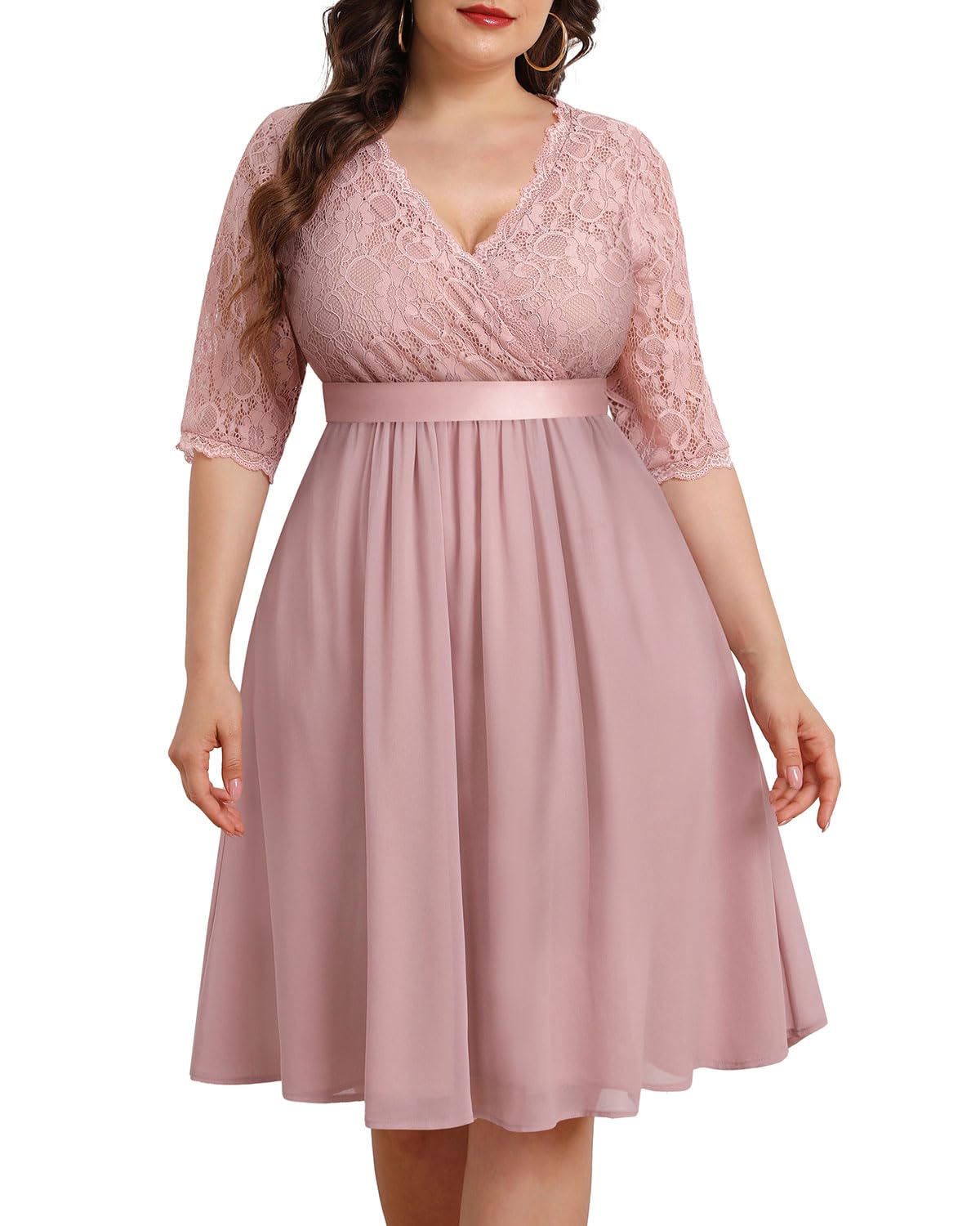 Plus Size Lace Chiffon Wrap V-Neck Midi Dress for Women | Elegant Cocktail & Wedding Guest Dress | Perfect for Parties, Date Nights & Special Occasions