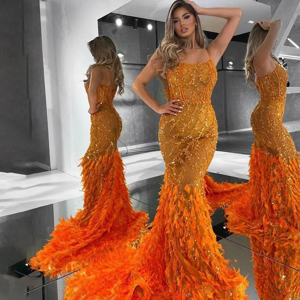 Serene Hill Orange Spaghetti Strap Mermaid Evening Dress with Feathers & Beading - Elegant Women's Formal Gown for Weddings, Parties & Special Occasions | 2025 LA72272
