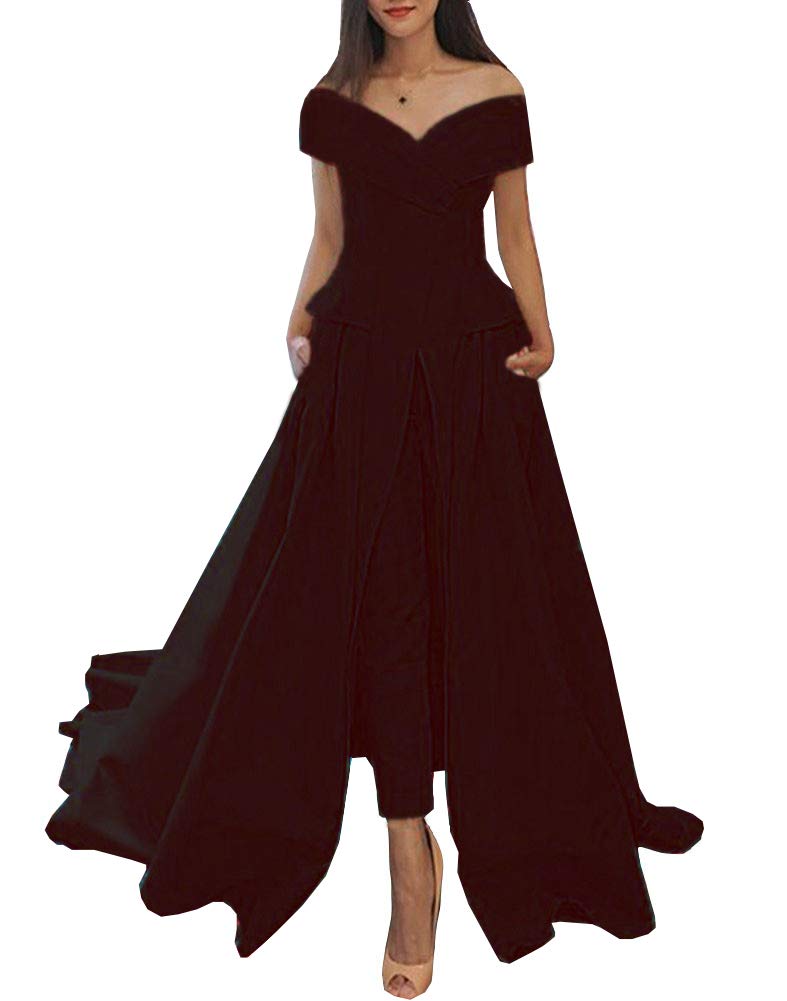 Honeydress Women's Off Shoulder Long Formal Evening Gown with Pockets - Elegant Prom Dress with Trailing Hem & Pants for Weddings, Galas & Special Occasions