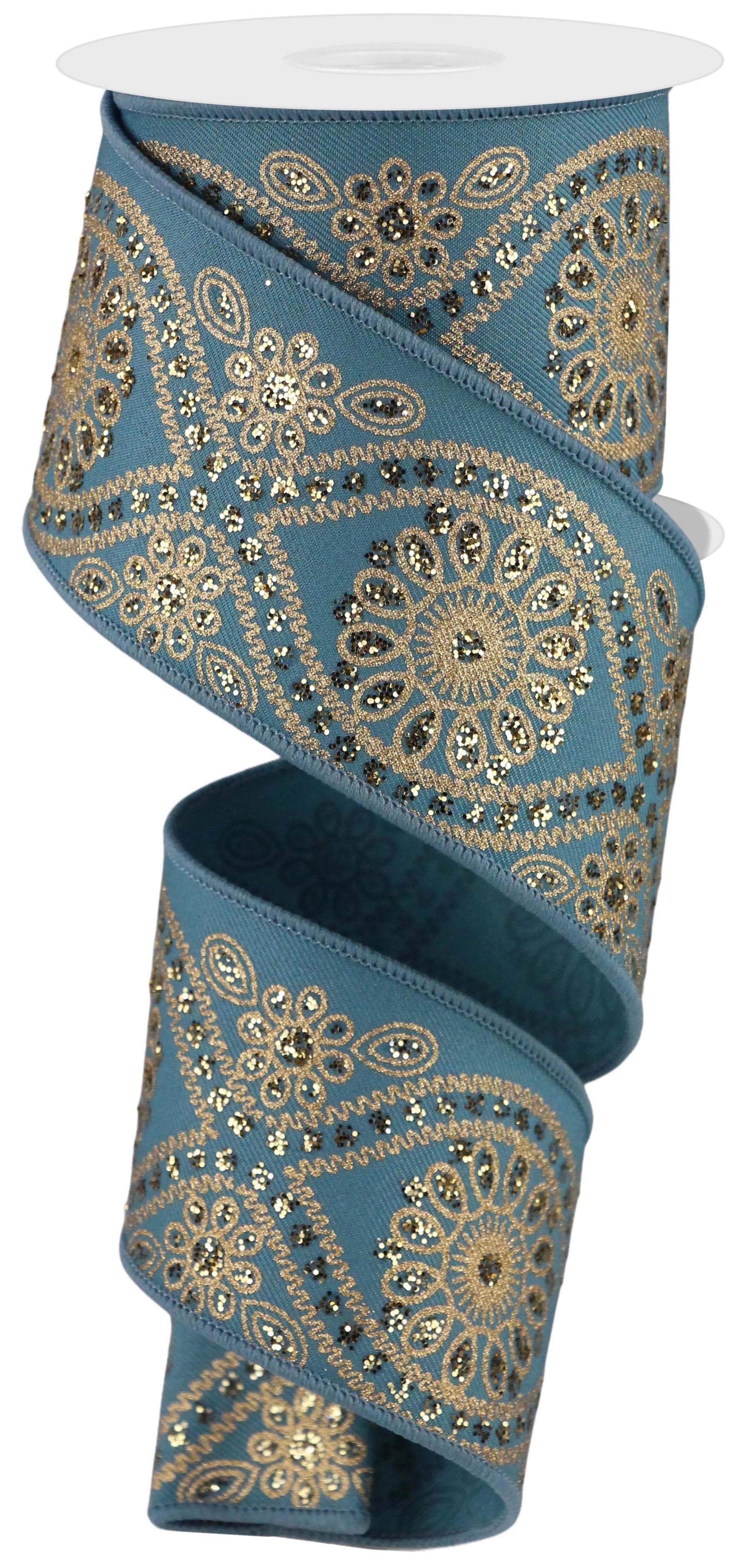 10 Yards Smoke Blue & Gold Deluxe Wavy Floral Ribbon - Perfect for Gift Wrapping, Wedding Decorations, DIY Crafts and Scrapbooking