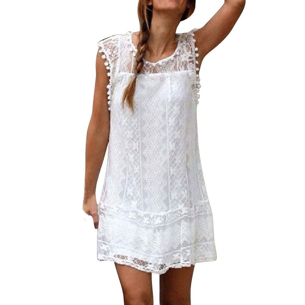 Elegant Women's Casual Solid Color Lace Sleeveless Mini Dress with Tassel - Perfect for Beach Outings, Summer Parties & Date Nights