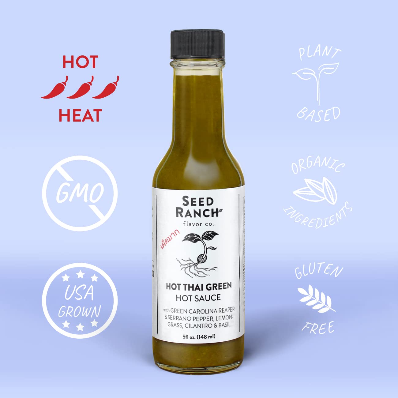 Seed Ranch Hot Thai Sauce - 5 Fl Oz | Spicy Green Carolina Reaper Pepper Sauce | Organic, Vegan, Non-GMO, Gluten-Free Gourmet Hot Sauce | Featured on Hot Ones | Perfect for Rice Bowls, Noodles, Breakfast & Protein Dishes | Adds Fiery Flavor to Asian Cuisine, Wings & Tacos